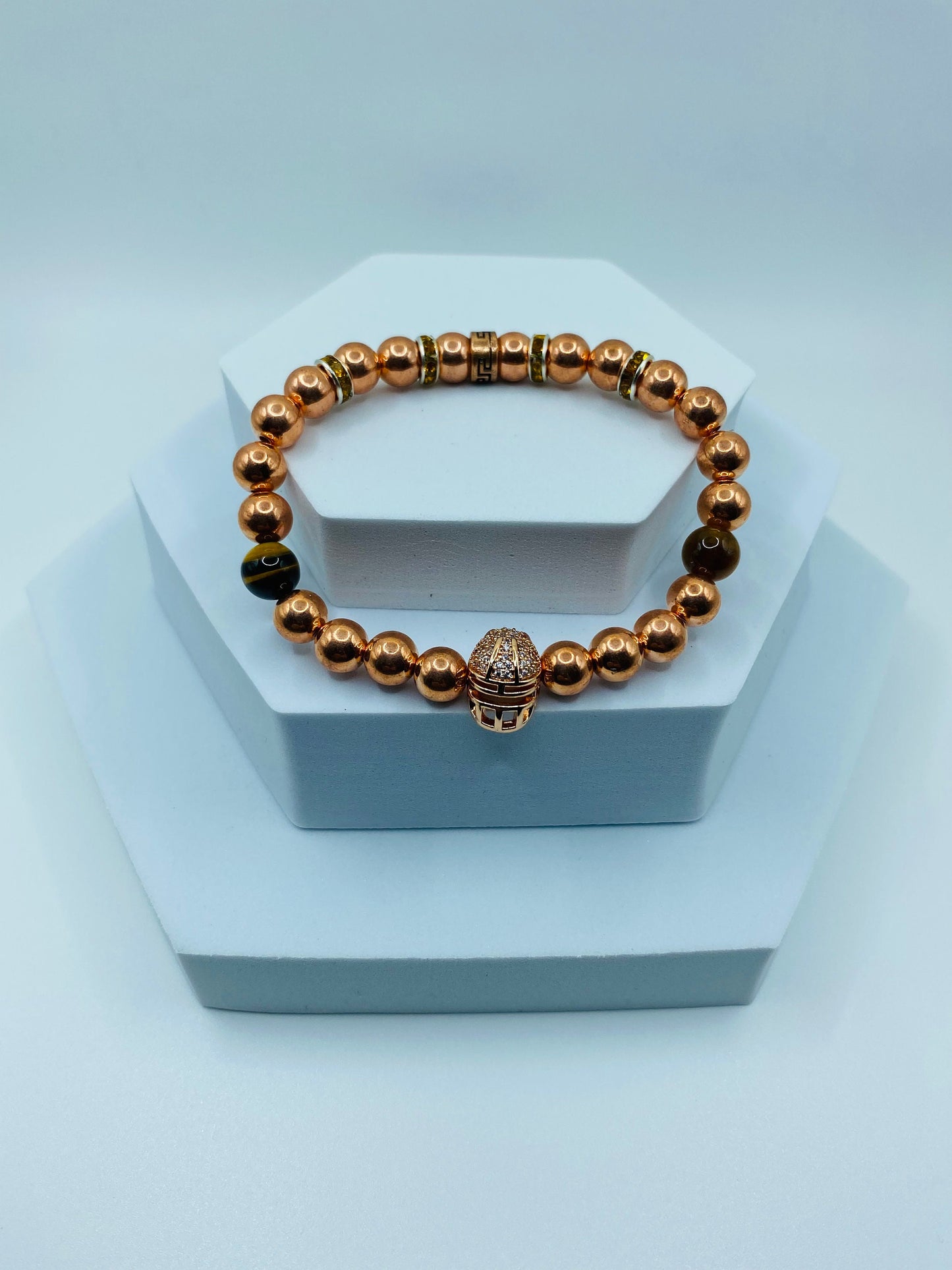 Rose Gold Hematite Bracelet: Spartan Helmet, Tiger's Eye Beads