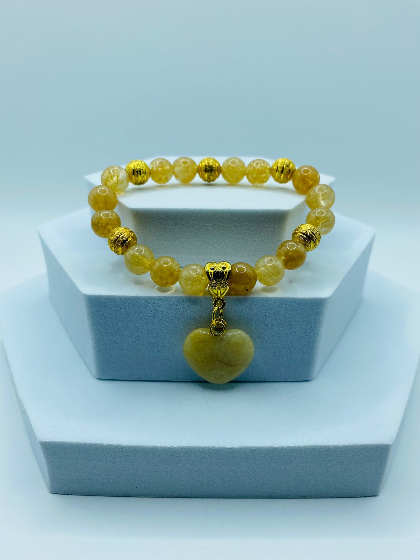 Rutilated Quartz Bracelet: 18K Gold Plated Heart Charm, Gemstone Beads