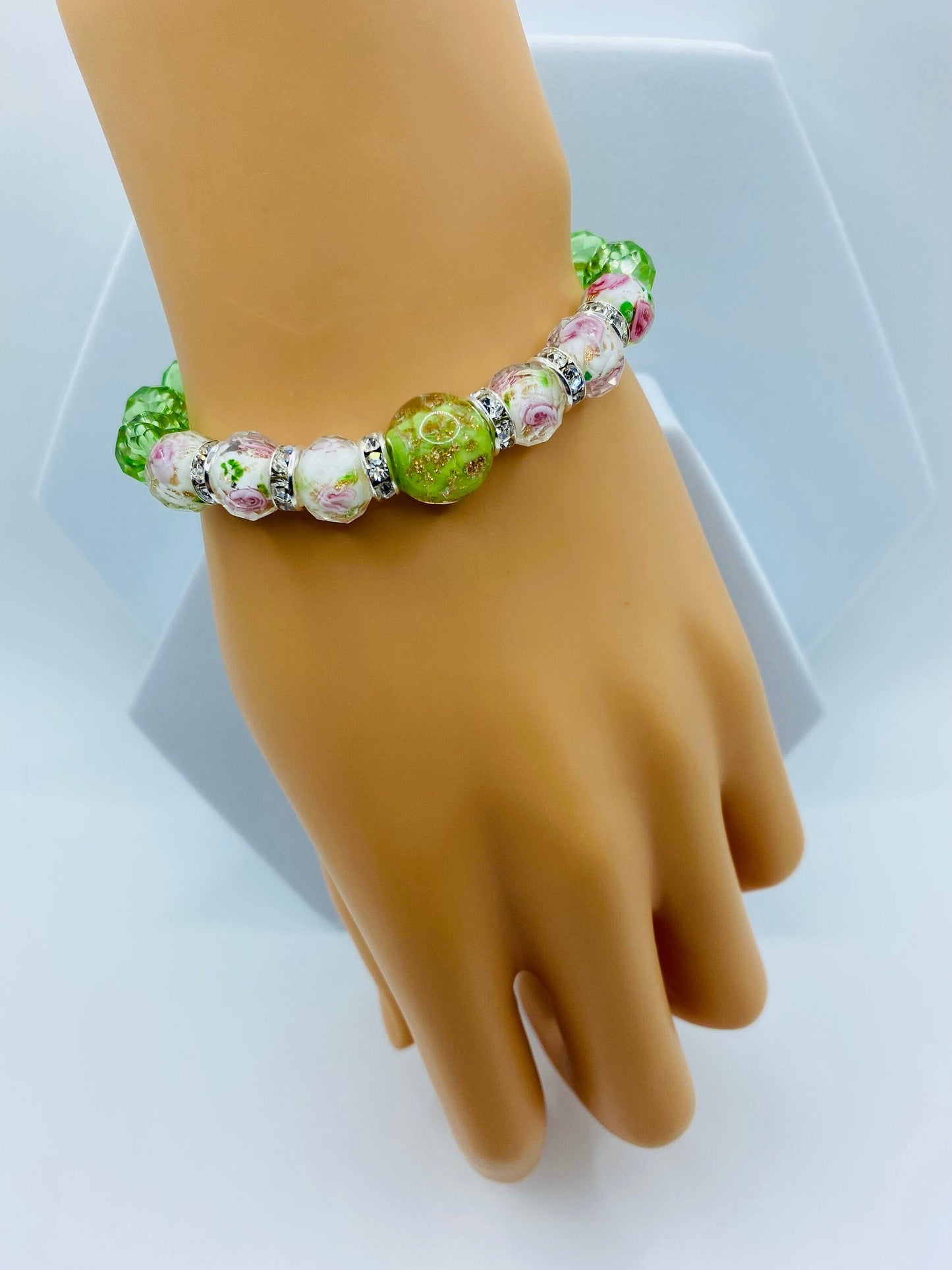 Lampwork Floral Crystal Bracelet: Green Glass Bead Handmade Jewelry