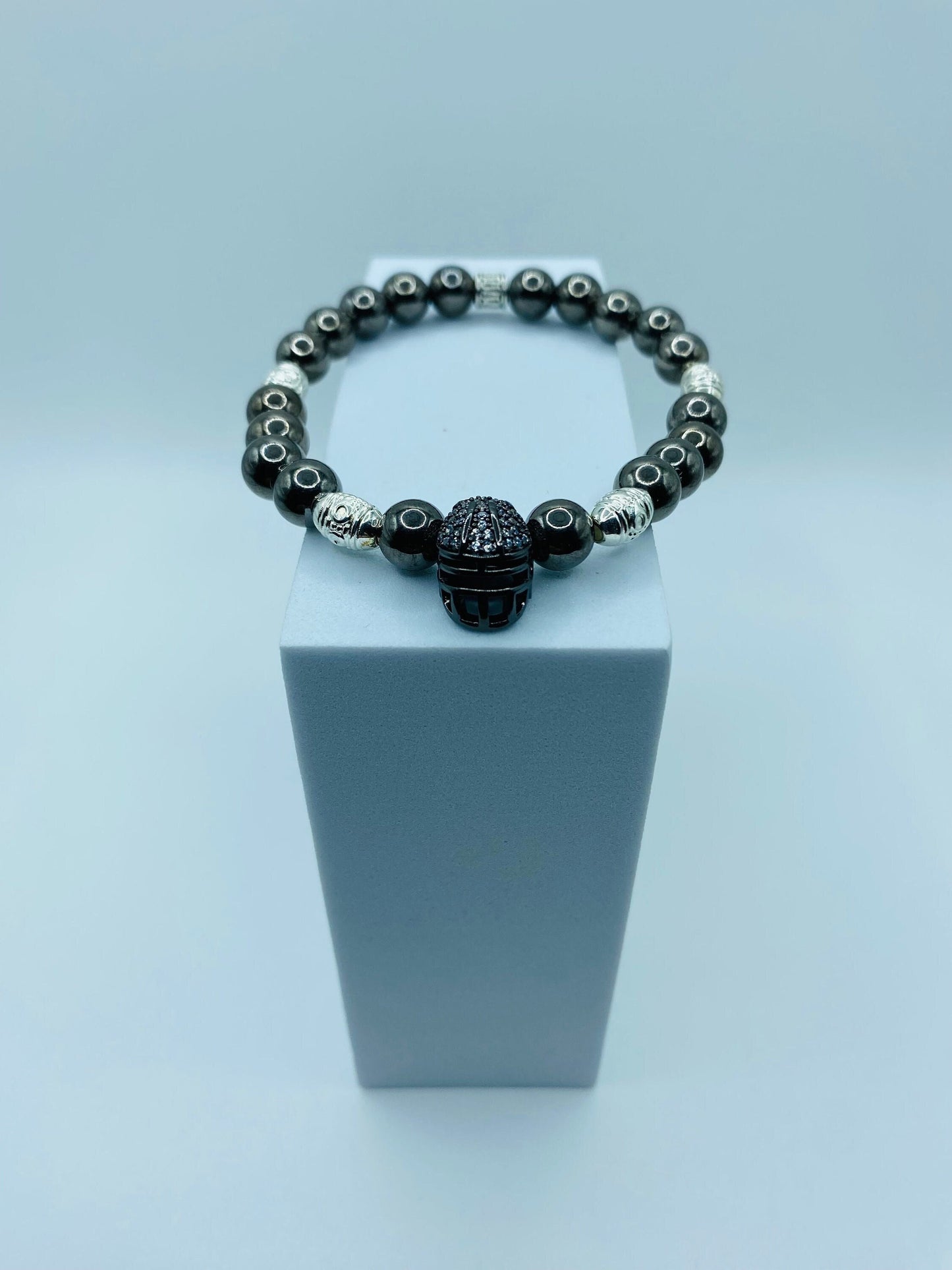Las Vegas Raiders Mens Bracelet - Hematite Gemstone Beads & Football Helmet - Bracelets for Women