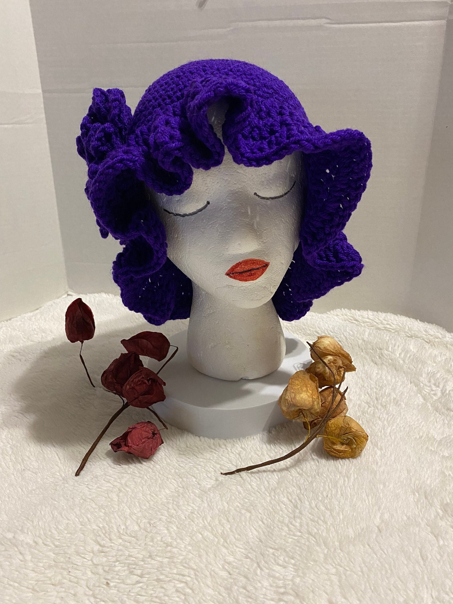 Crochet Bucket Hat with Flower: Violet Acrylic Handmade Women's Hat