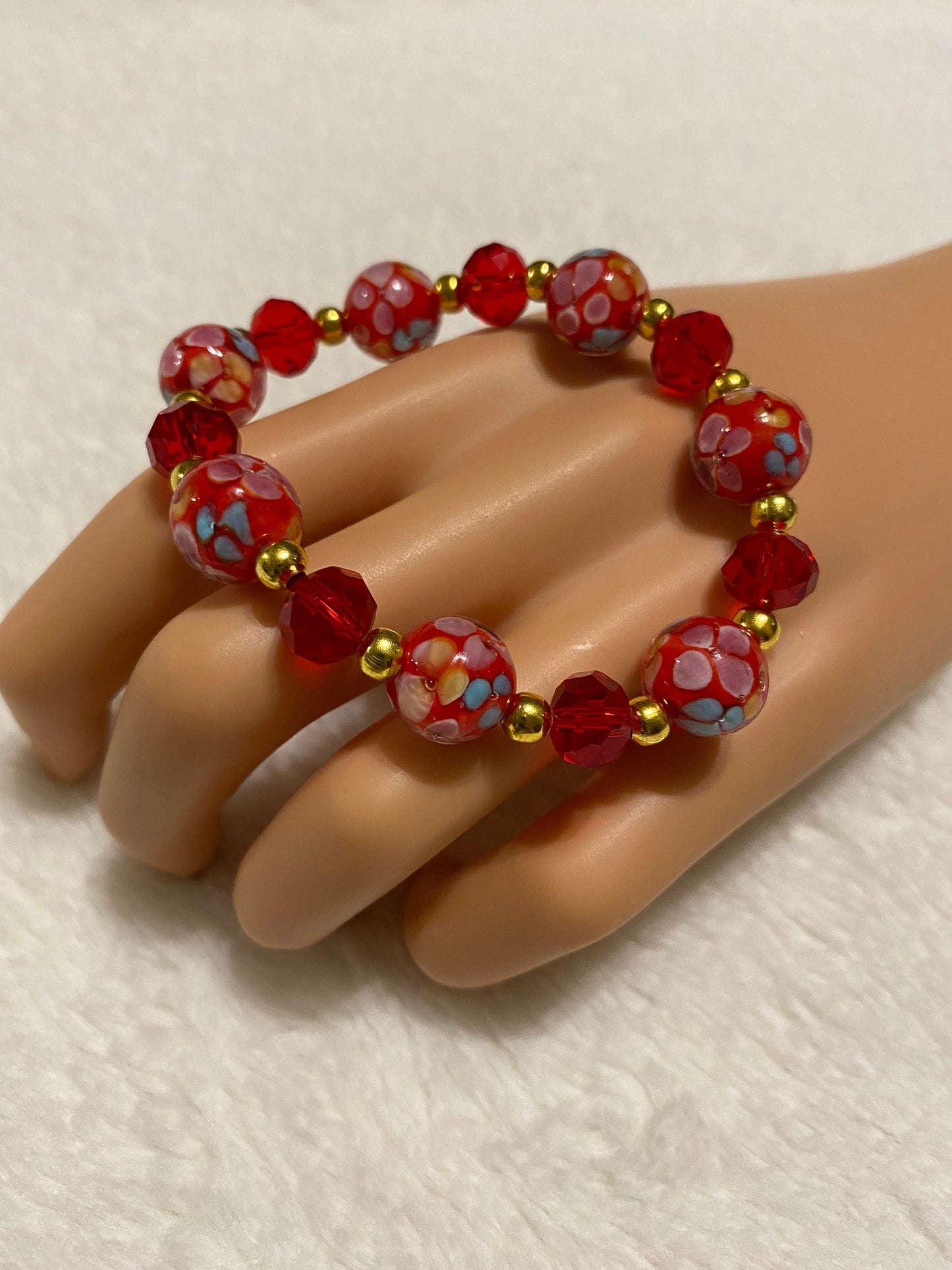 Red Floral Lampwork Glass Bead Bracelet: 18k Gold Hematite Accents