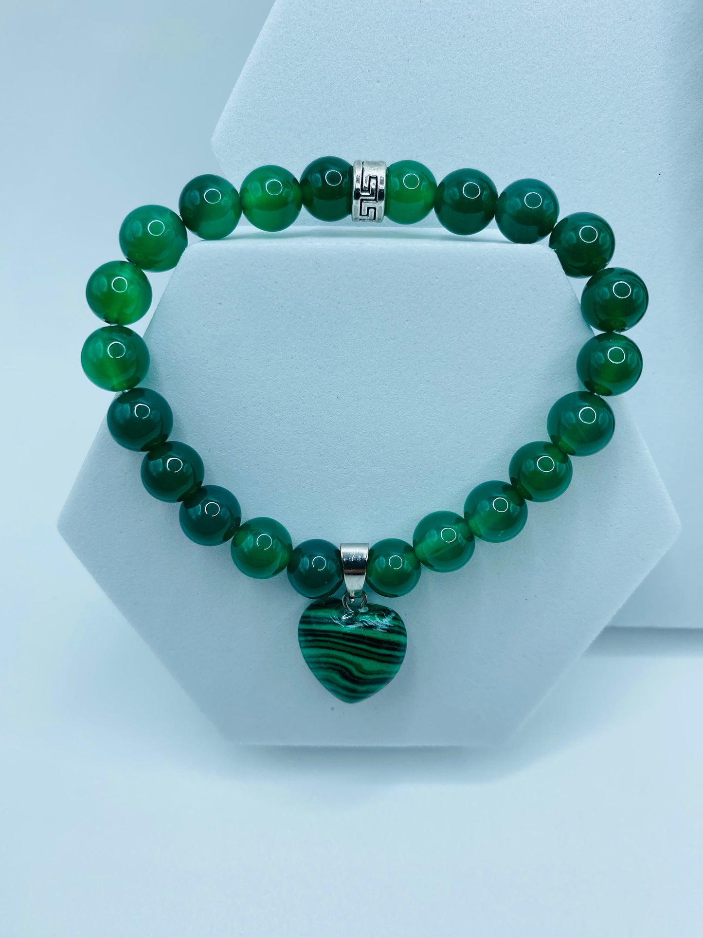 Handmade Lampwork Glass Bead Jewelry Set: Malachite Heart Necklace & Bracelet
