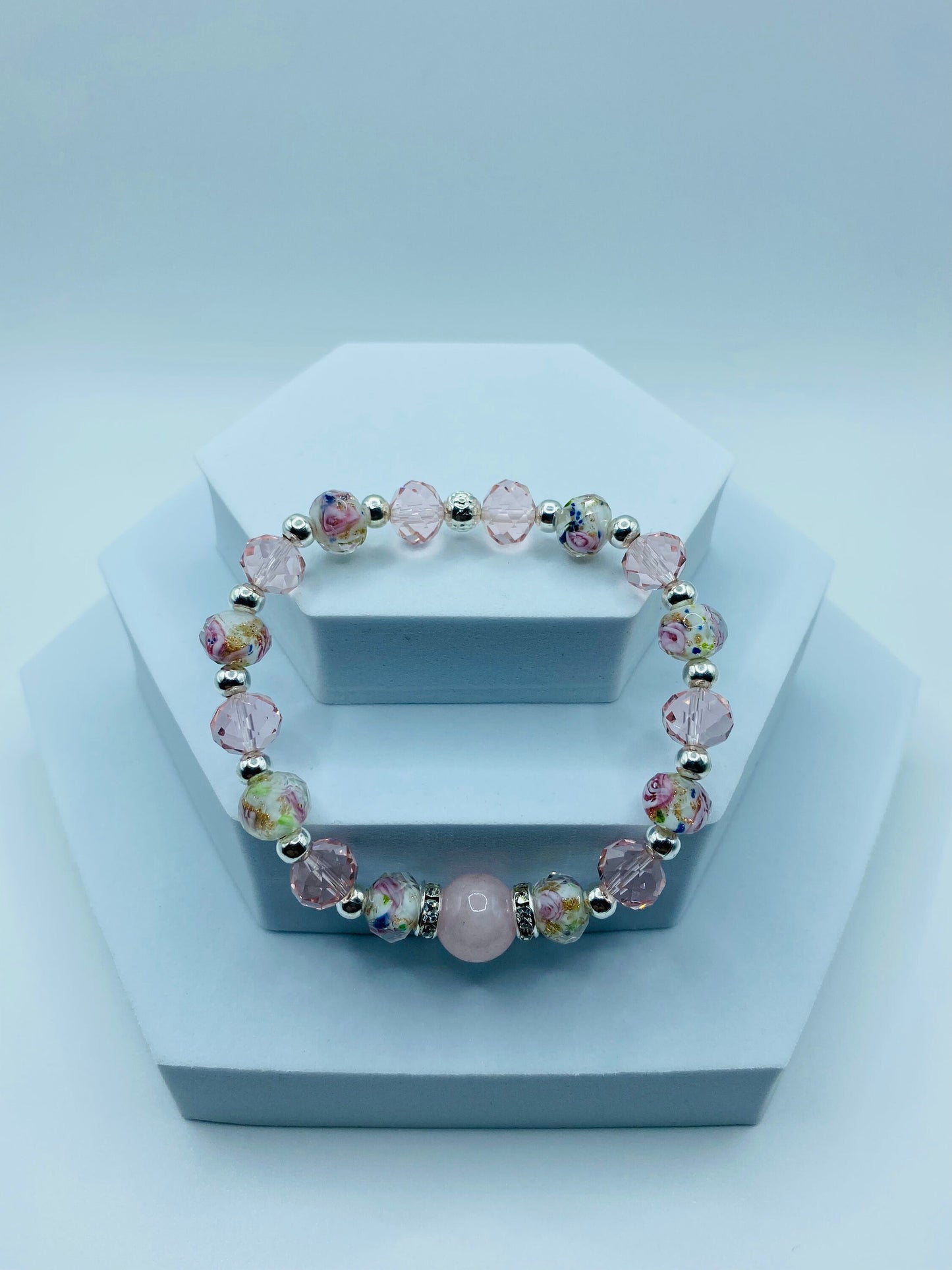 Rose Quartz Bracelet: Lampwork Floral Glass & Pink Crystal Beads