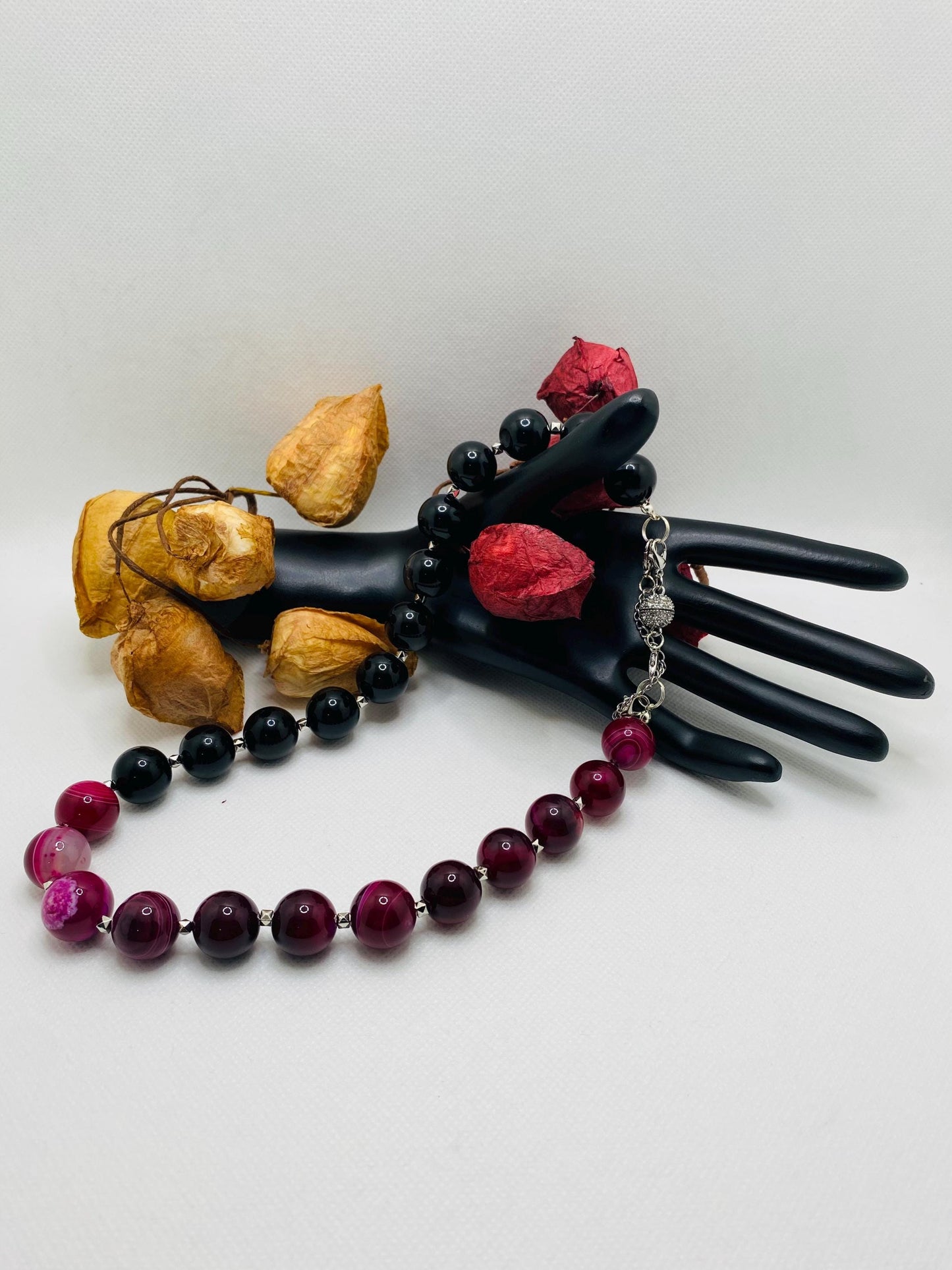 Handmade Black Obsidian & Plum Agate Gemstone Necklace