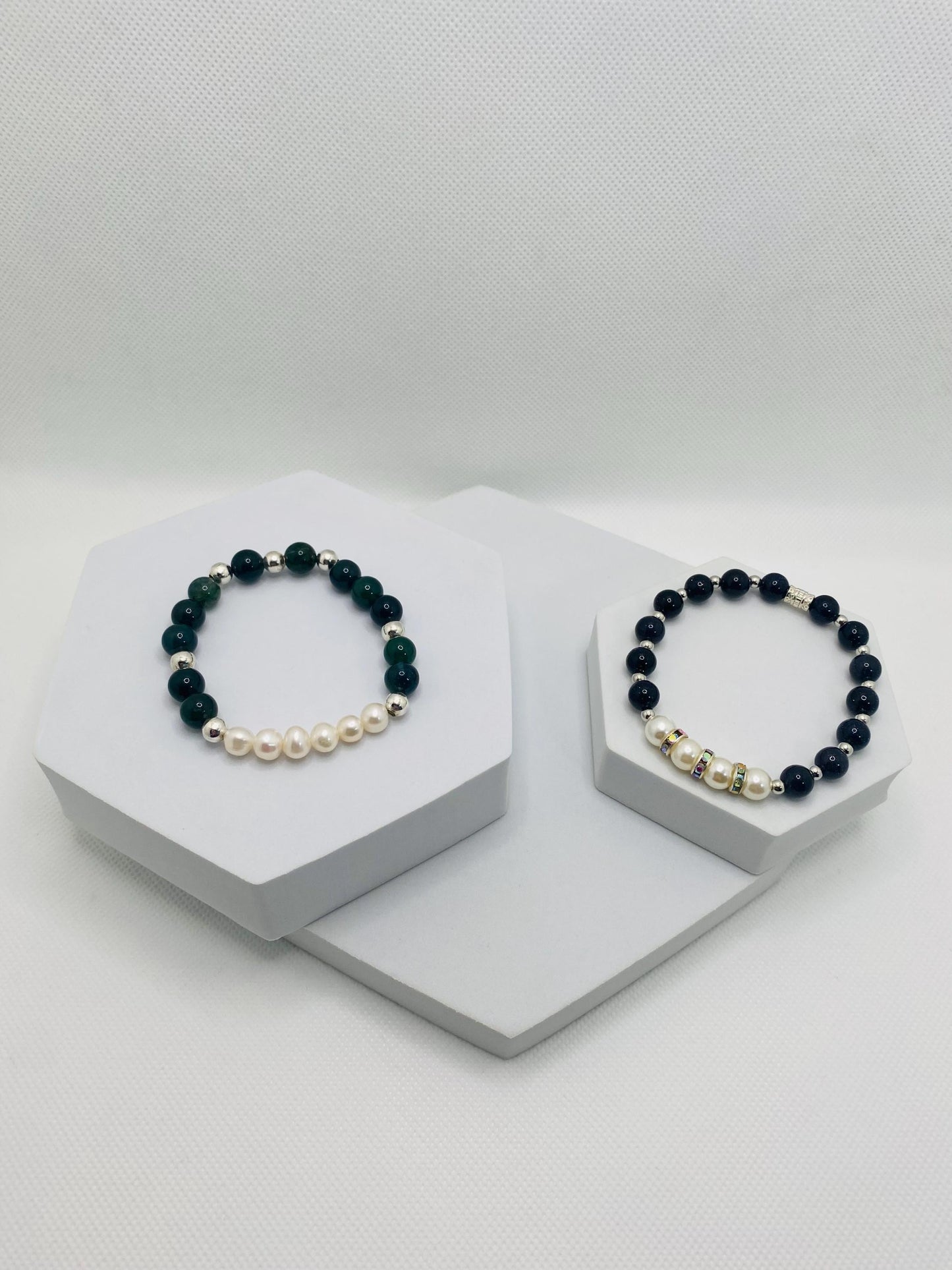 Handmade Pearl Bracelet Set: Moss Agate & Blue Sandstone Beads