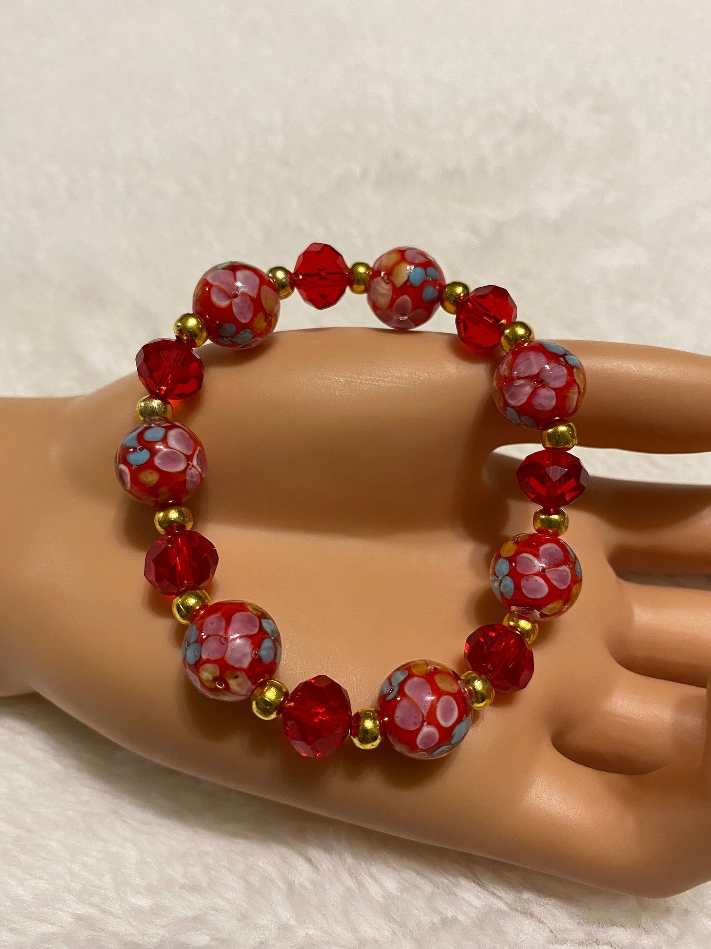 Red Floral Lampwork Glass Bead Bracelet: 18k Gold Hematite Accents