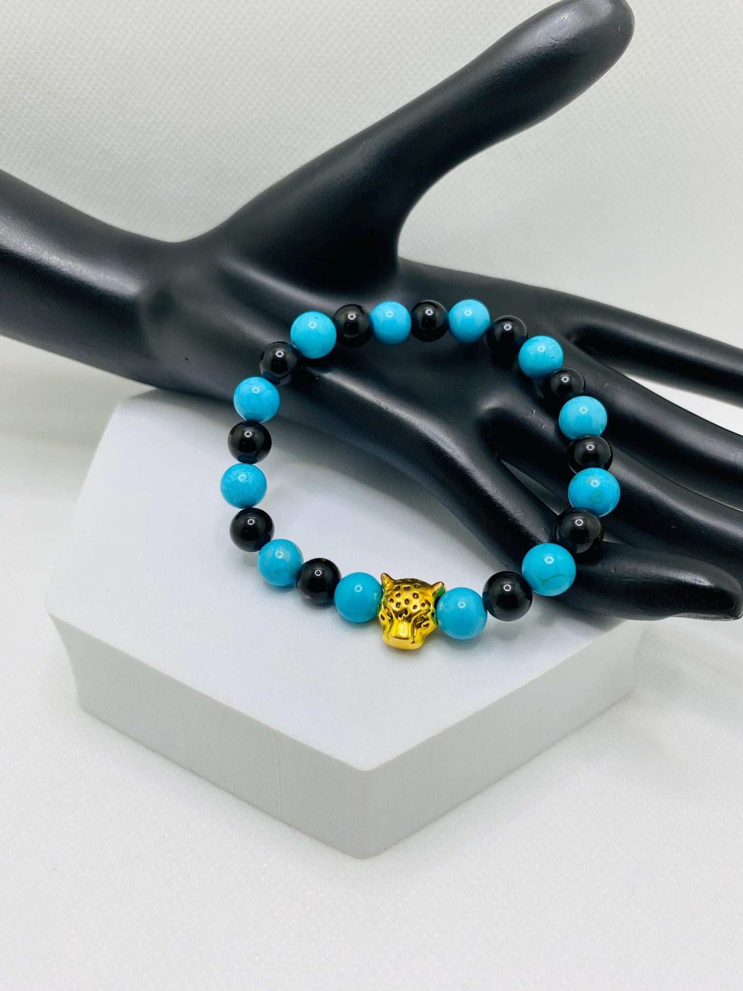 Jacksonville Jaguars Bracelet: Jade & Onyx Gemstone Beads with Gold Jaguar Charm