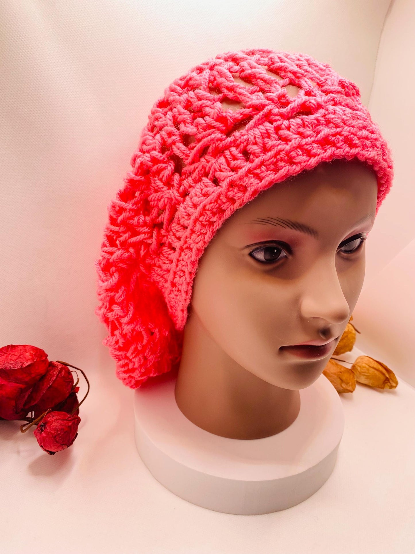 Pink Crochet Slouchy Beanie: Handmade Acrylic Dreadlock Hat
