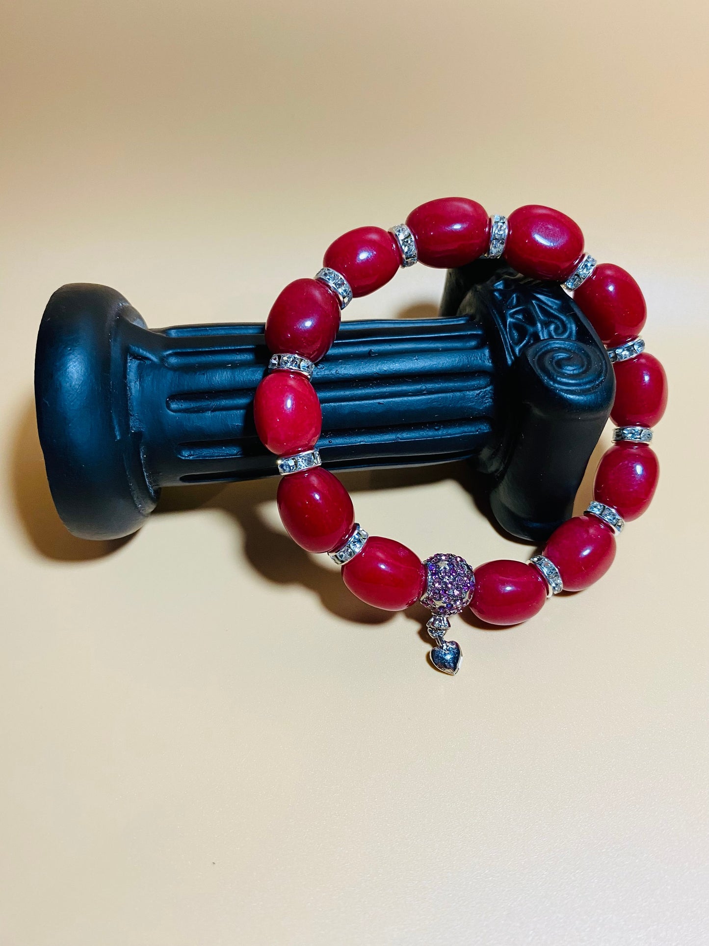 Red Jade Beaded Bracelet: Rhinestone Heart Charm, Silver Details