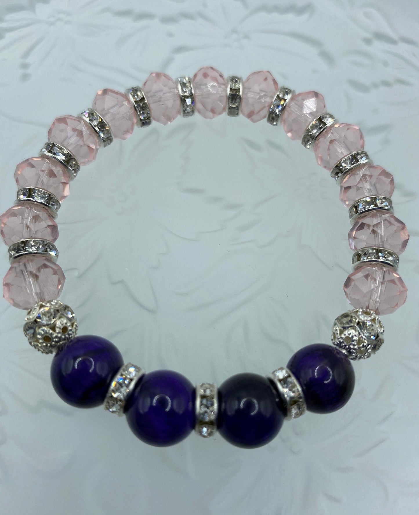 Handmade Purple Tiger's Eye Bracelet: Pink Crystal & Rhinestone Beads