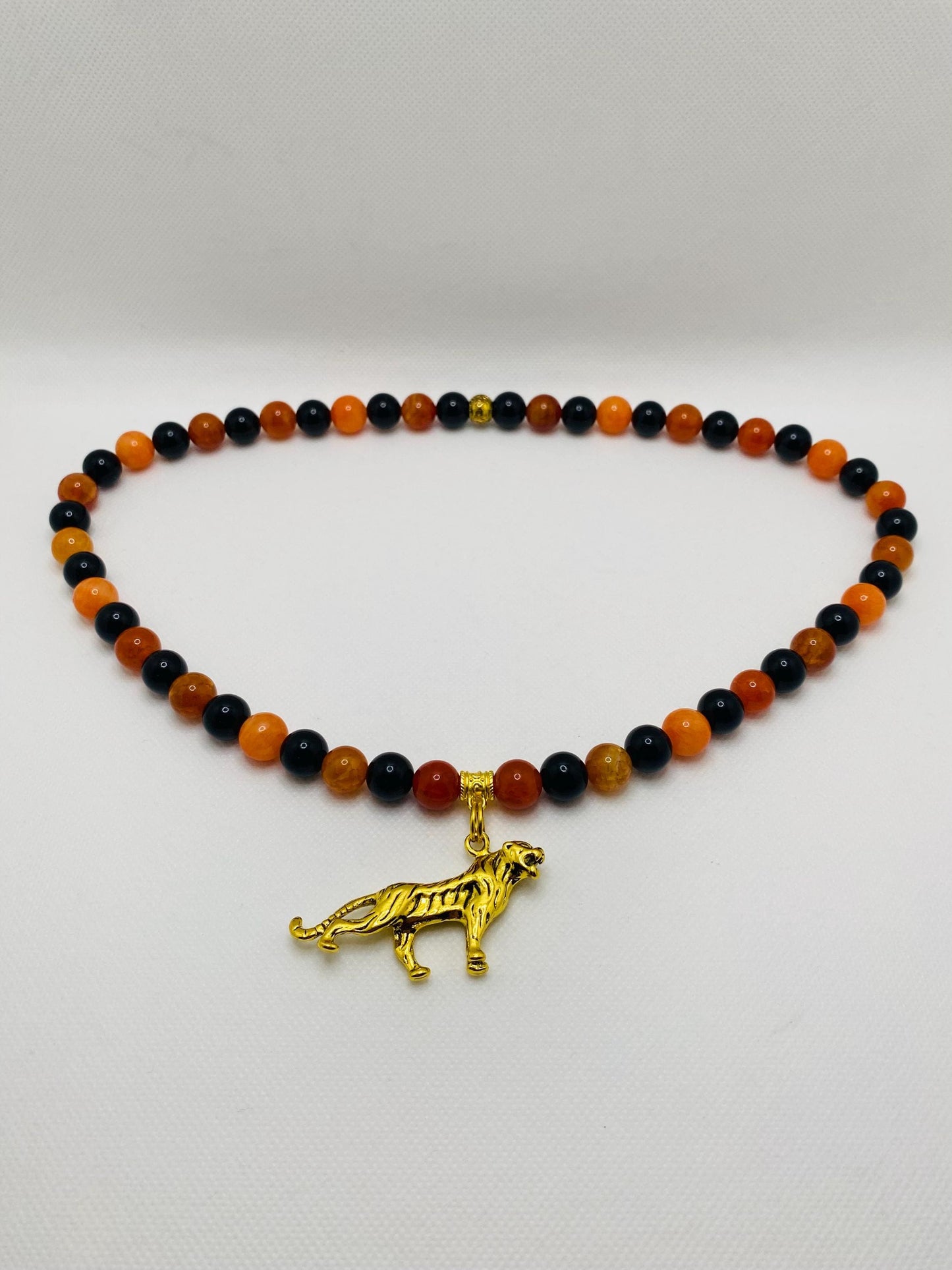 Cincinnati Bengals Charm Necklace for Men, Mens Necklace with Gemstone Beads, Tiger Pendant