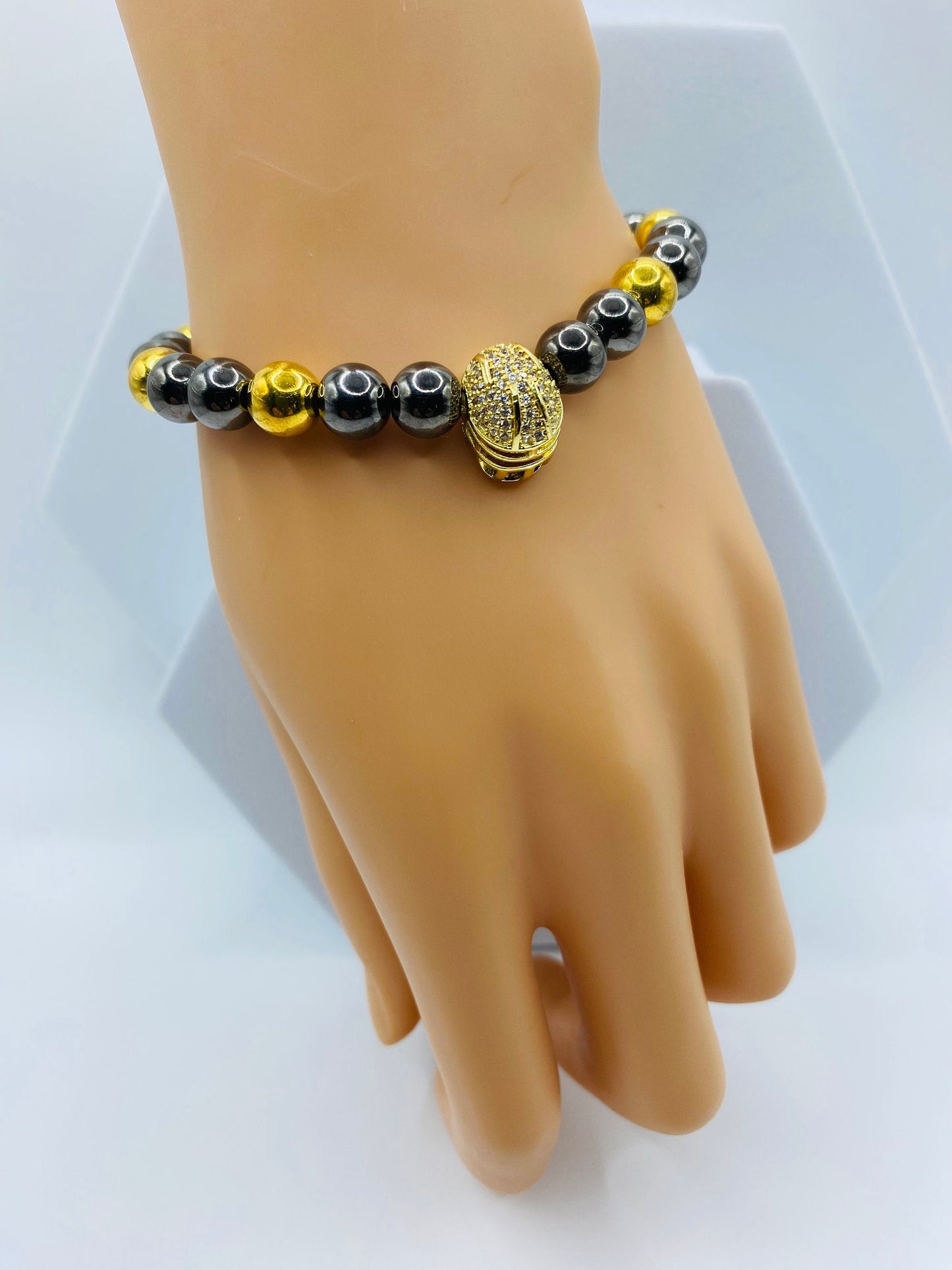 Pittsburgh Steelers Bracelet: 18k Gold Plated Hematite, CZ Football Helmet