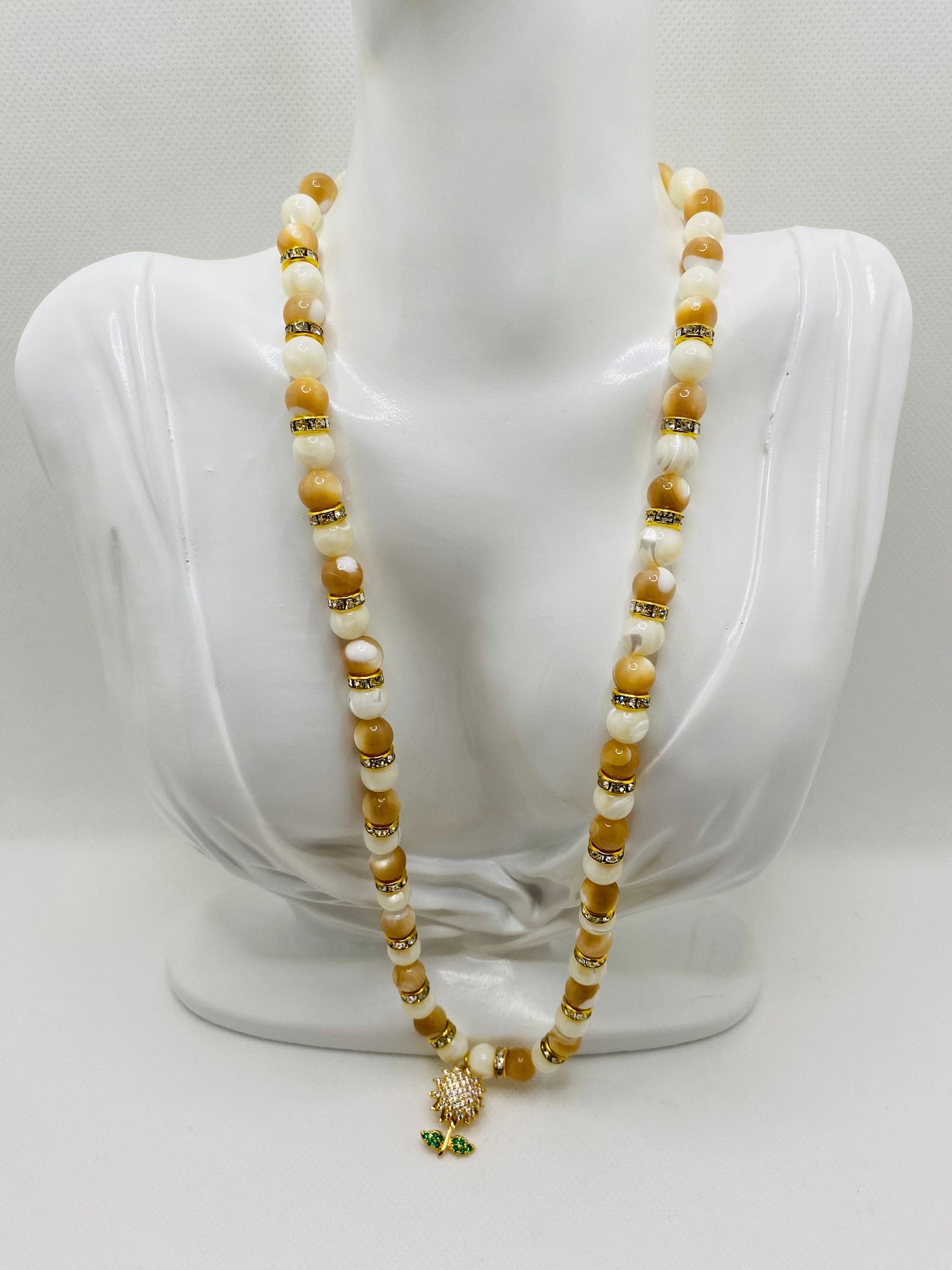 Handmade Mother of Pearl Necklace: CZ Sunflower Pendant