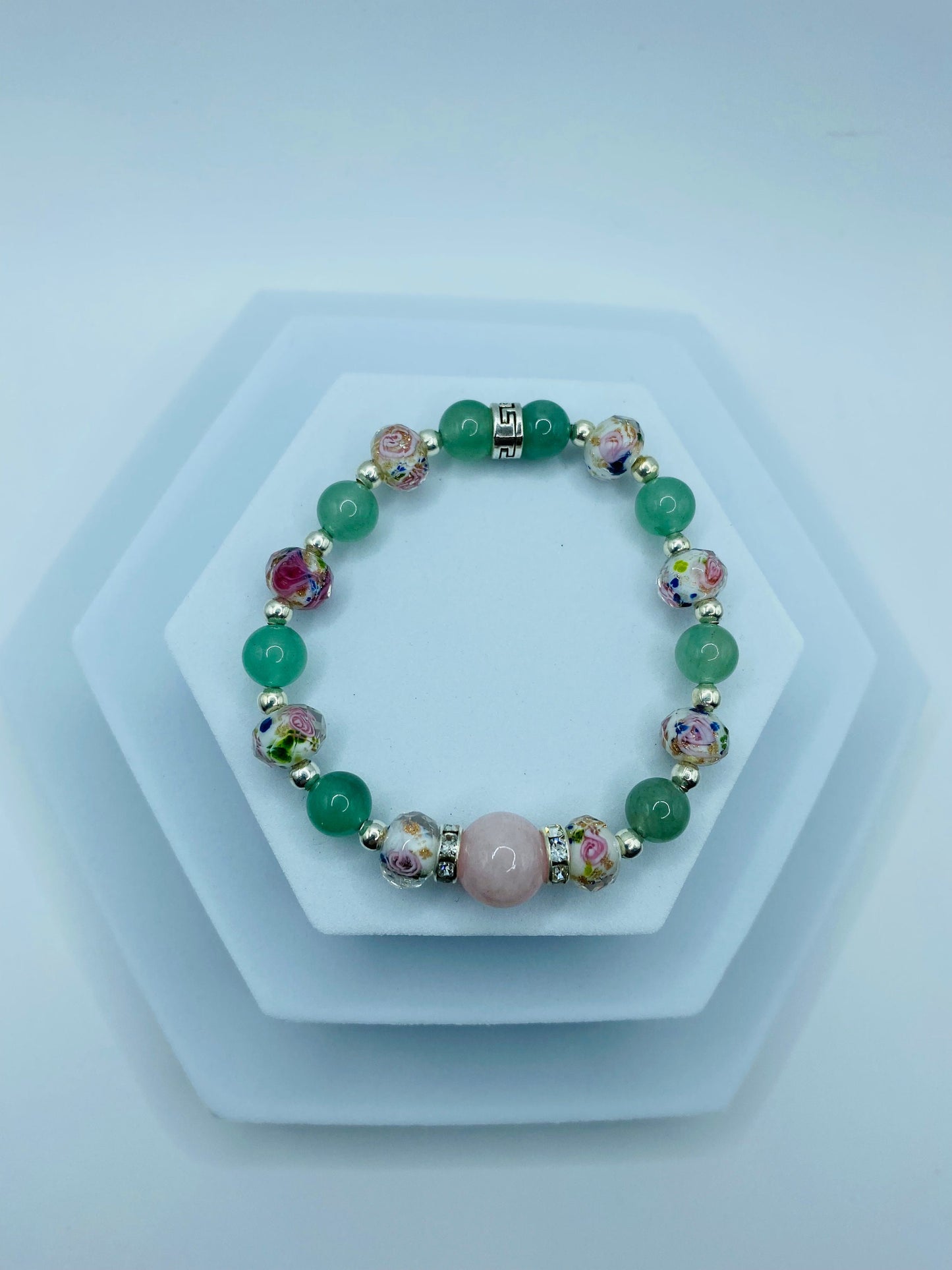 Rose Quartz Bracelet with Green Aventurine & Lampwork Glass Beads - Hematite Gemstone Bracelet