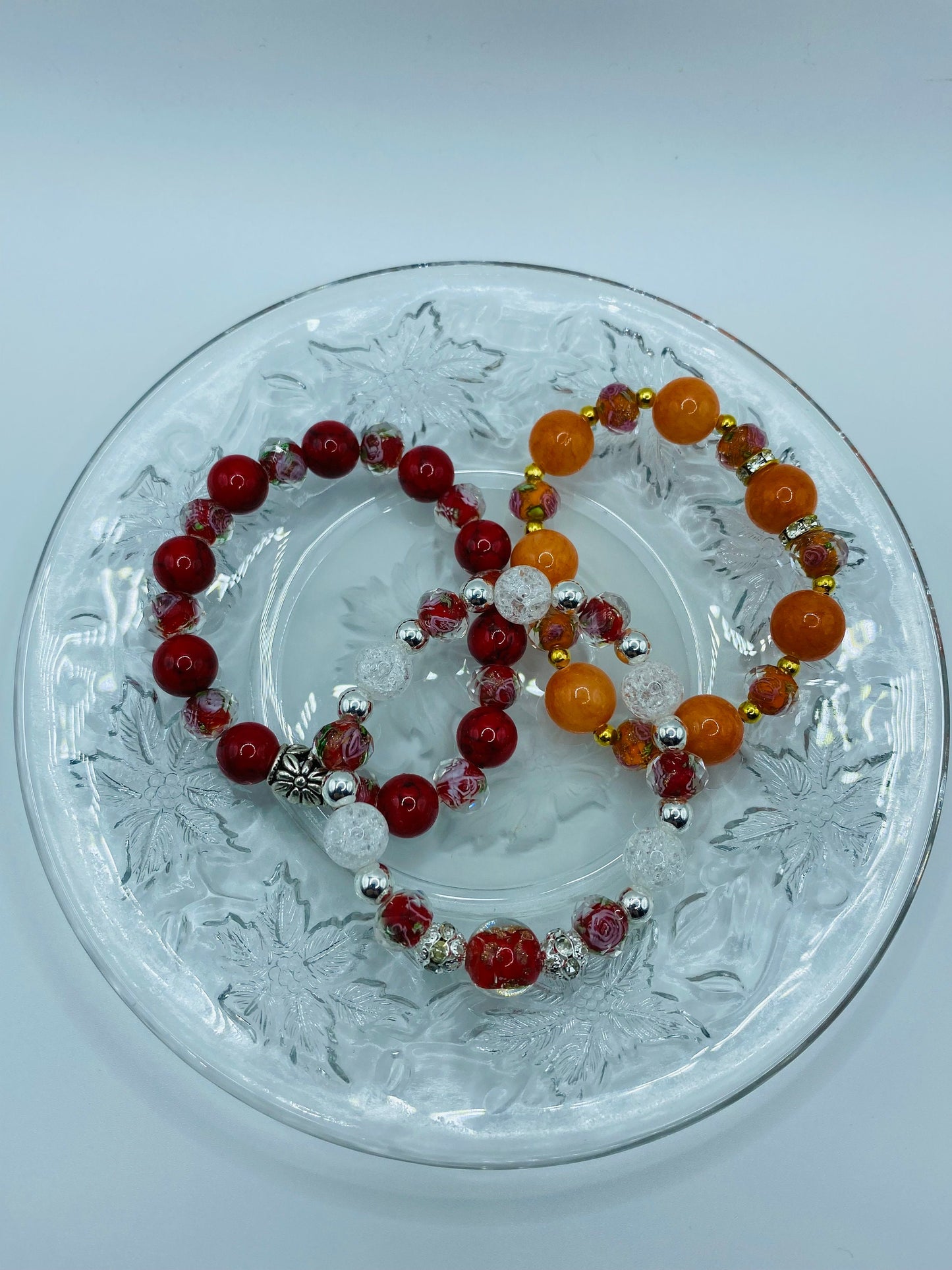 Lampwork Floral Glass Bead Bracelet: Crystal Quartz & Hematite