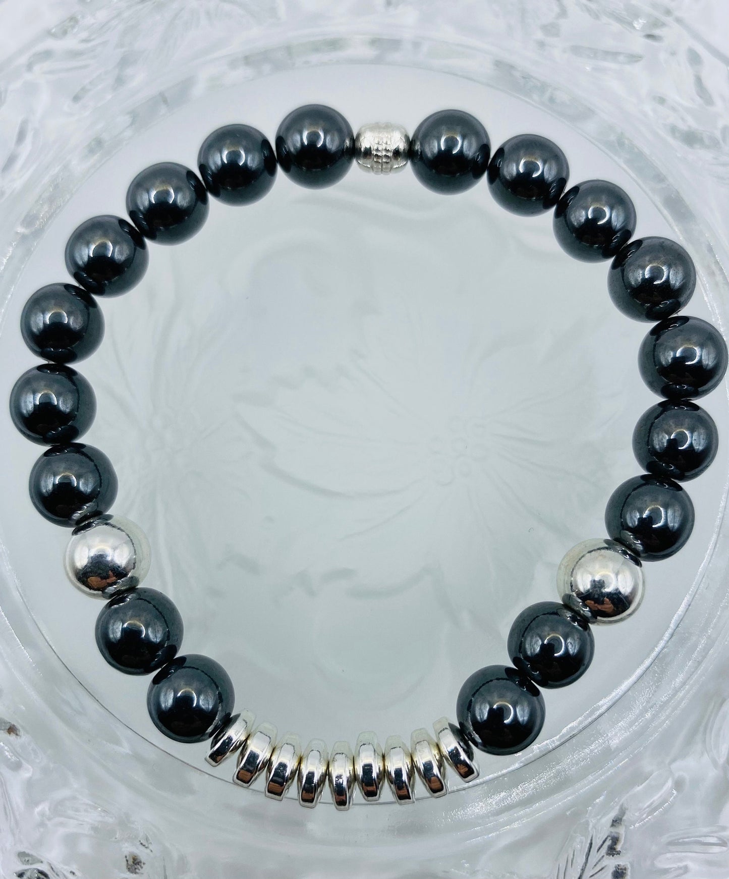 Mens Hematite Beaded Bracelet: Silver Plated Gemstone Jewelry