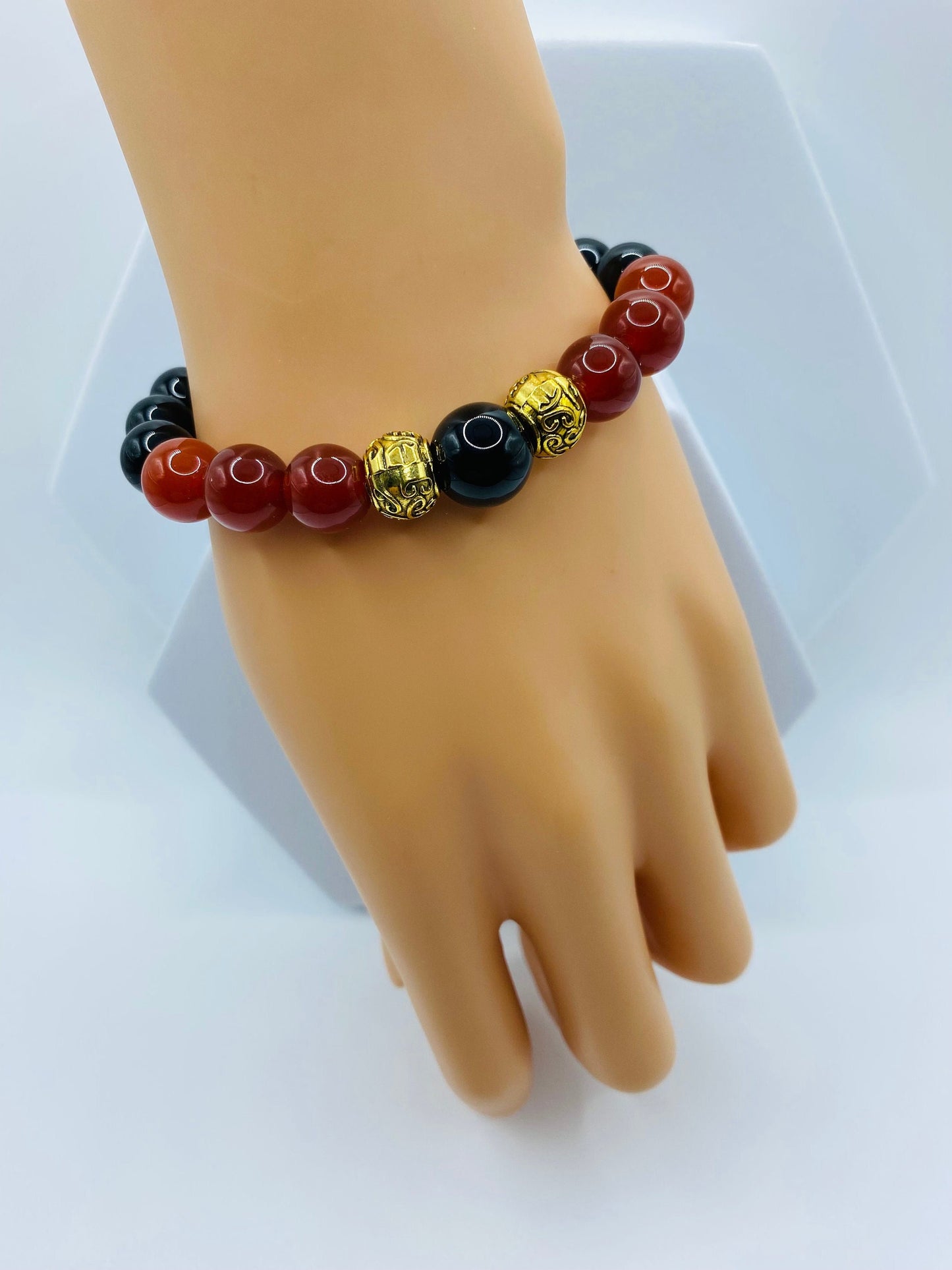 Black Onyx & Red Carnelian Beaded Bracelet - Tibetan Spacer Beads