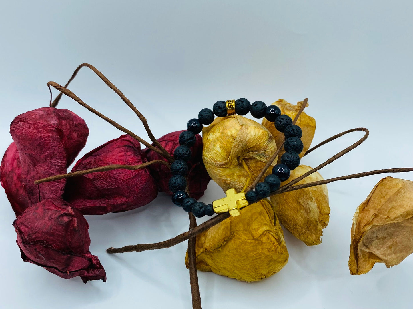 Gold Cross Lava Rock Bracelet: Black Onyx Gemstone Beads