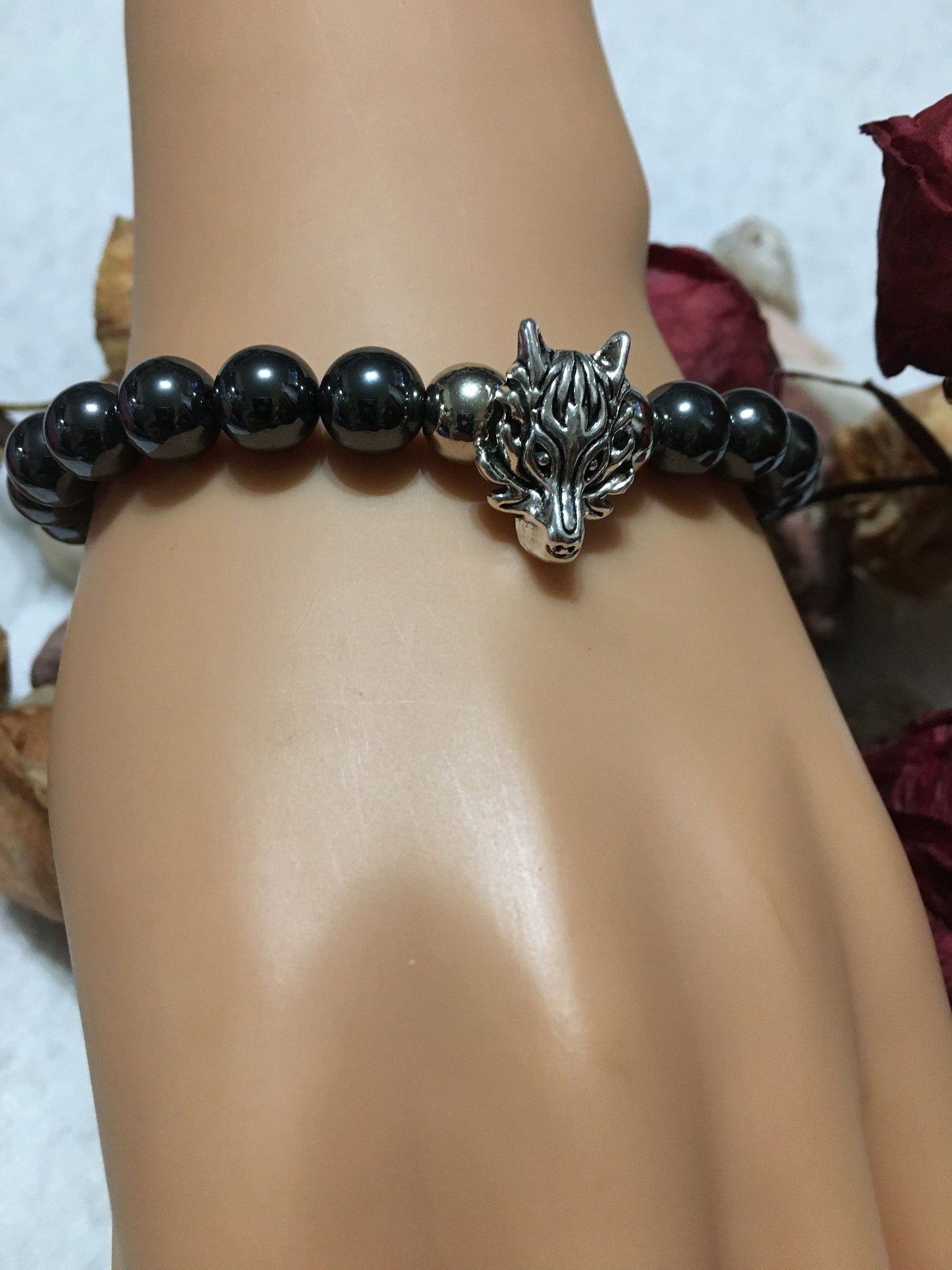 Silver Wolf Charm Bracelet with Hematite Gemstone Beads
