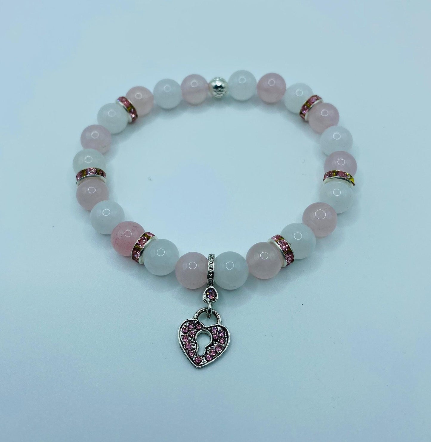 Heart Locket Charm Bracelet: Rose Quartz & White Jade Gemstone Beads