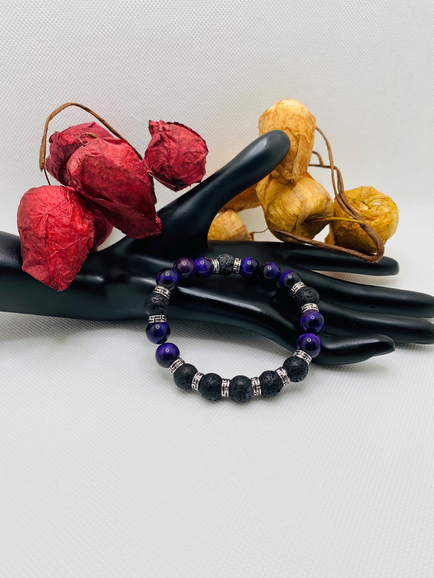 Mens Black Lava Rock & Purple Tiger Eye Bracelet: Tibetan Gemstone Jewelry