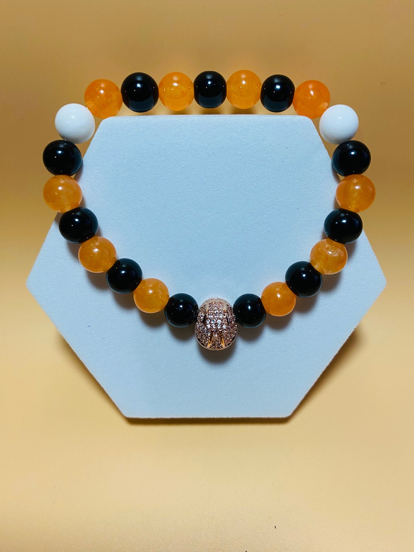 Cincinnati Bengals Bracelet: Onyx & Jade Gemstone Beads with Football Helmet