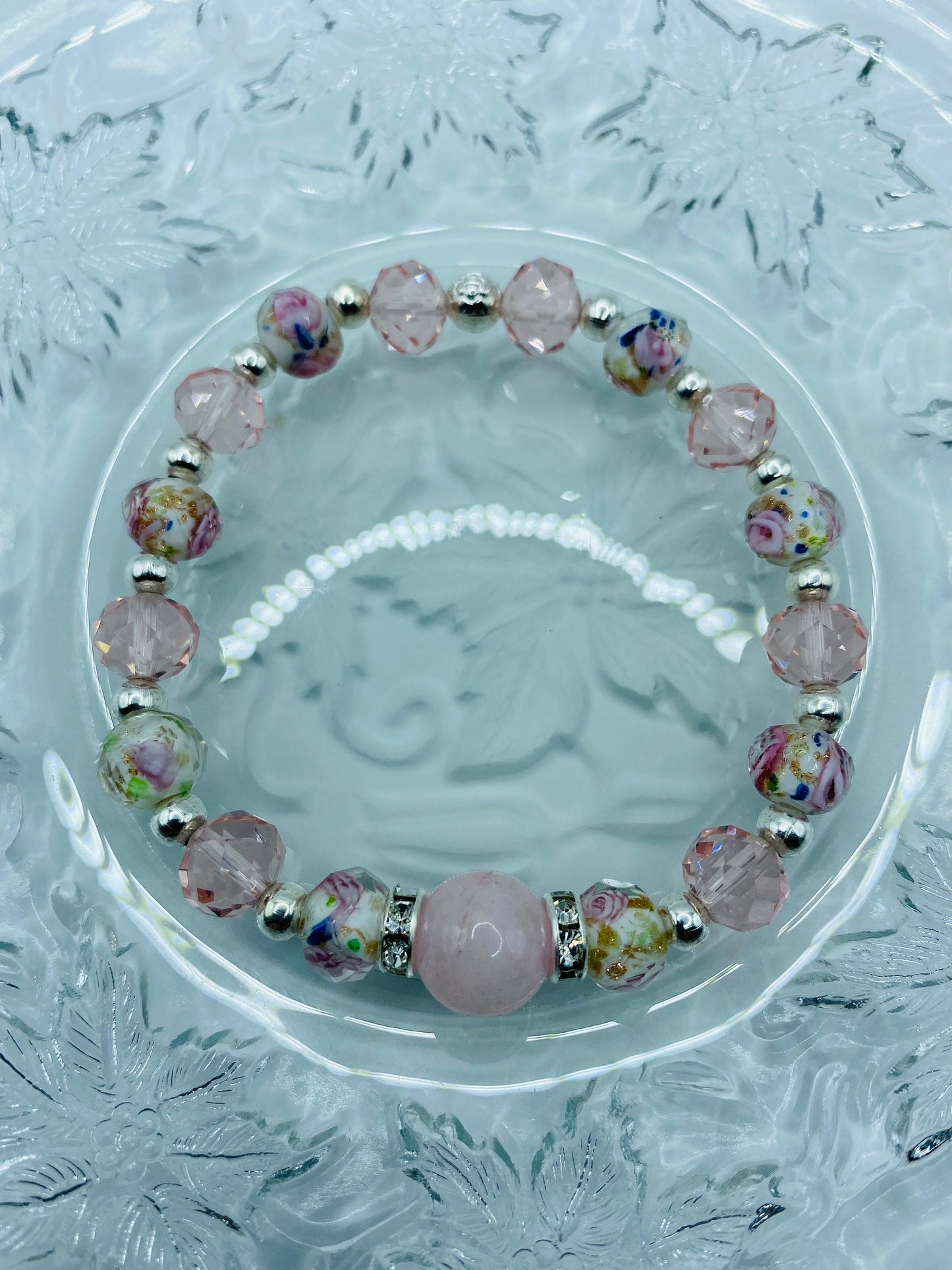 Rose Quartz Bracelet: Lampwork Floral Glass & Pink Crystal Beads