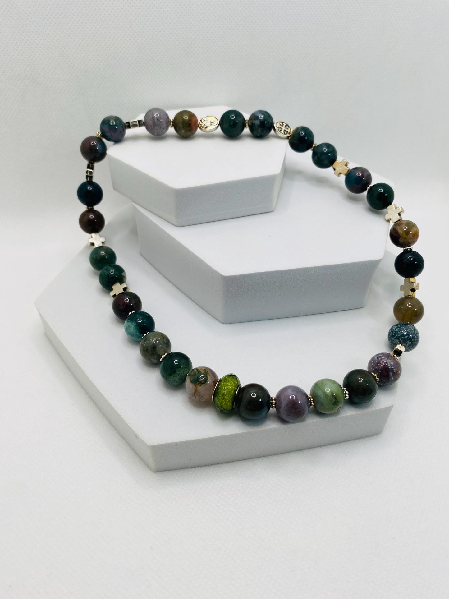 Moss Agate Necklace: Religious Cross Medallion, Antique Silver