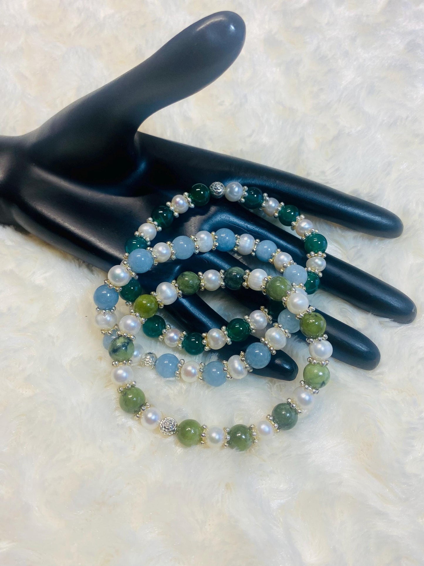 Handmade Baroque Pearl Bracelet Set: Jade & Agate Gemstone Beads