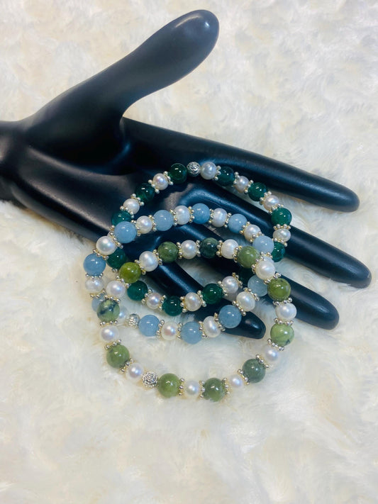 Handmade Baroque Pearl Bracelet Set: Jade & Agate Gemstone Beads