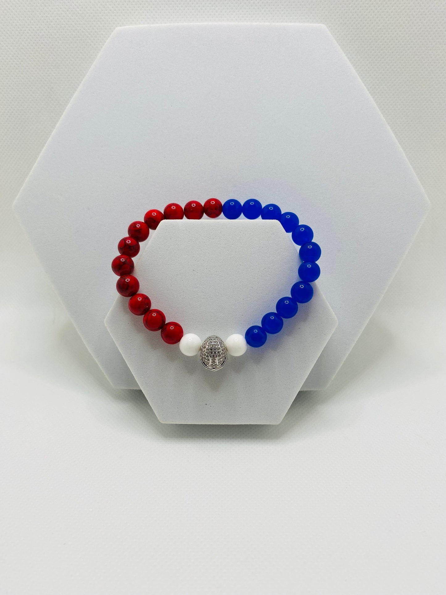 Buffalo Bills Beaded Bracelet: Red Turquoise, Blue Chalcedony, Football Helmet Charm