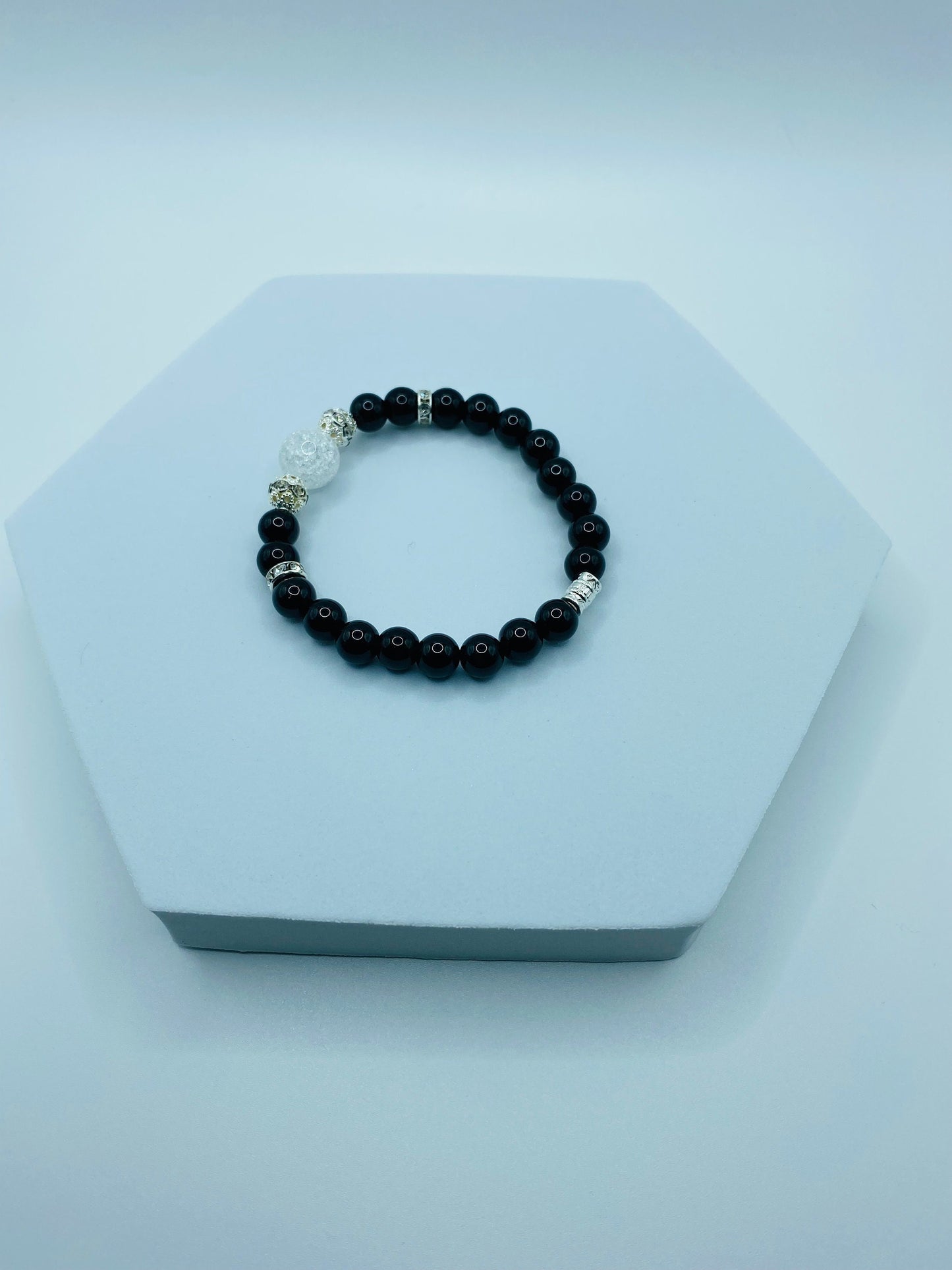 Handmade Black Onyx Bracelet: Crackle Quartz Crystal, Silver Accents