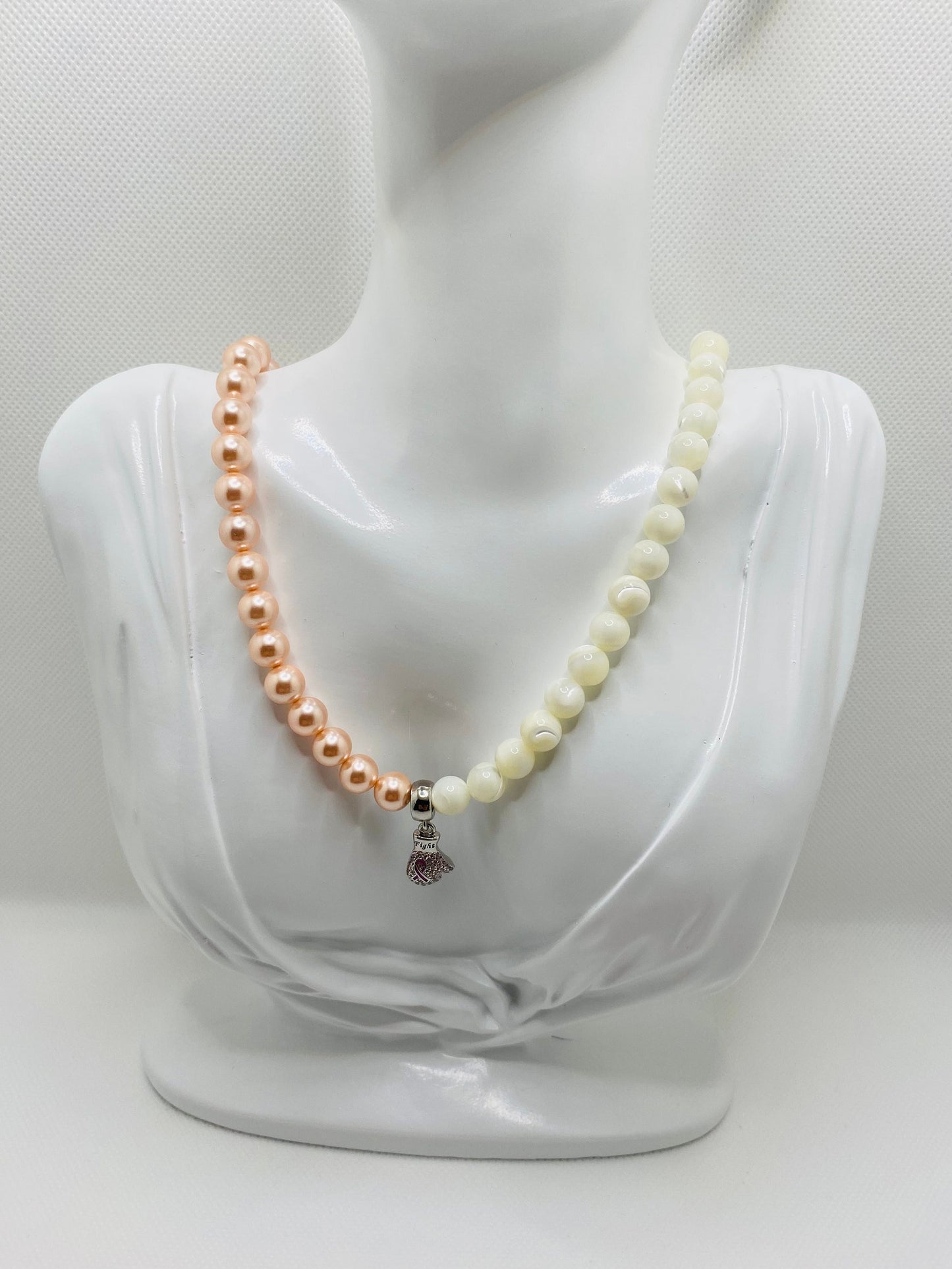 Mother of Pearl Beaded Necklace: Pink Ribbon Boxing Glove, Cancer Survivor Gift