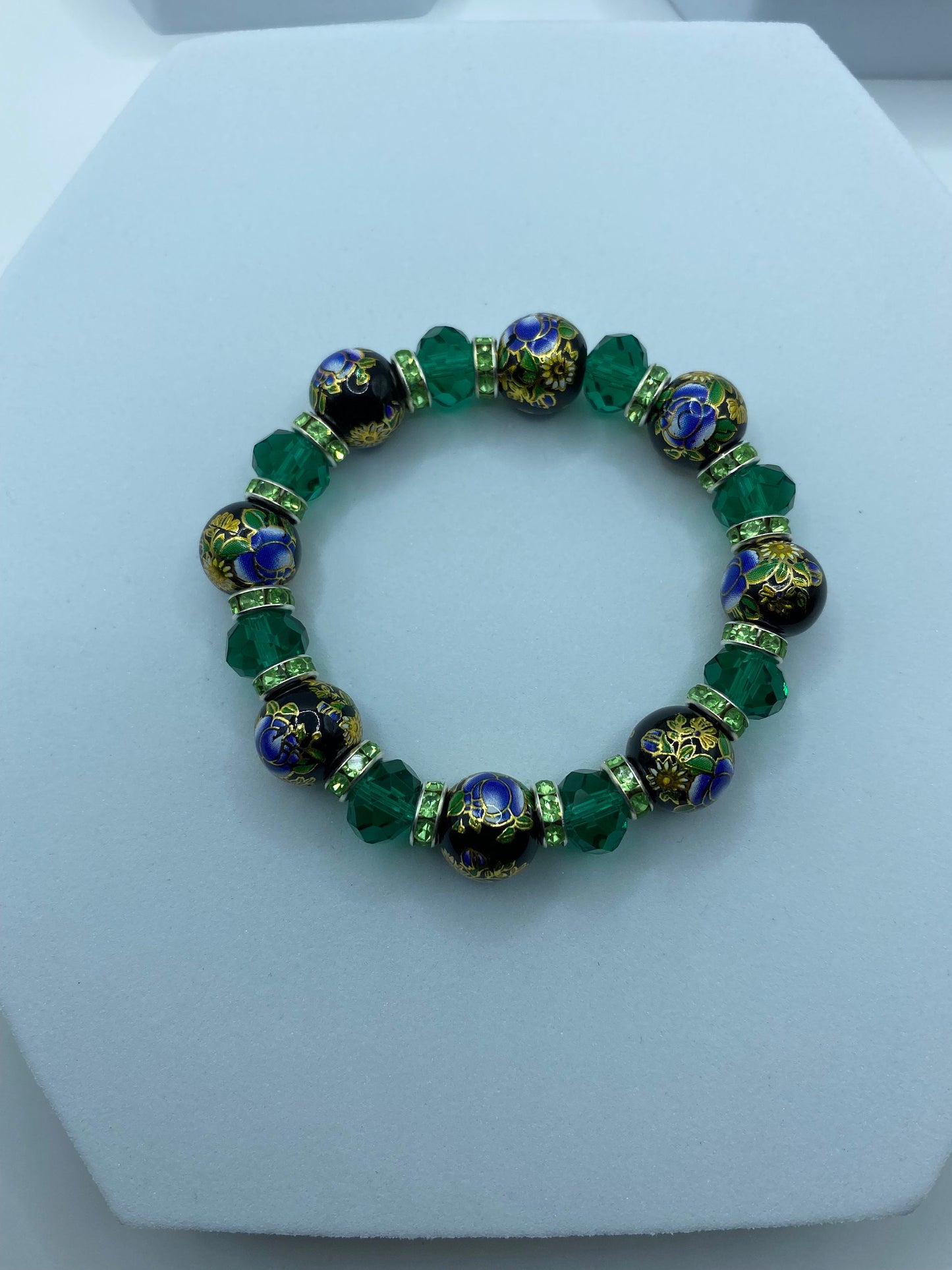 Floral Lampwork Glass Bead Bracelet: Emerald Green Crystal Rhinestone Rondelles