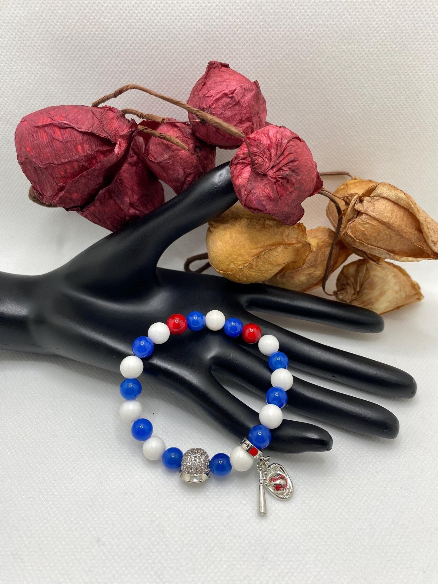 Los Angeles Dodgers Bracelet: Gemstone Beads & Baseball Charms