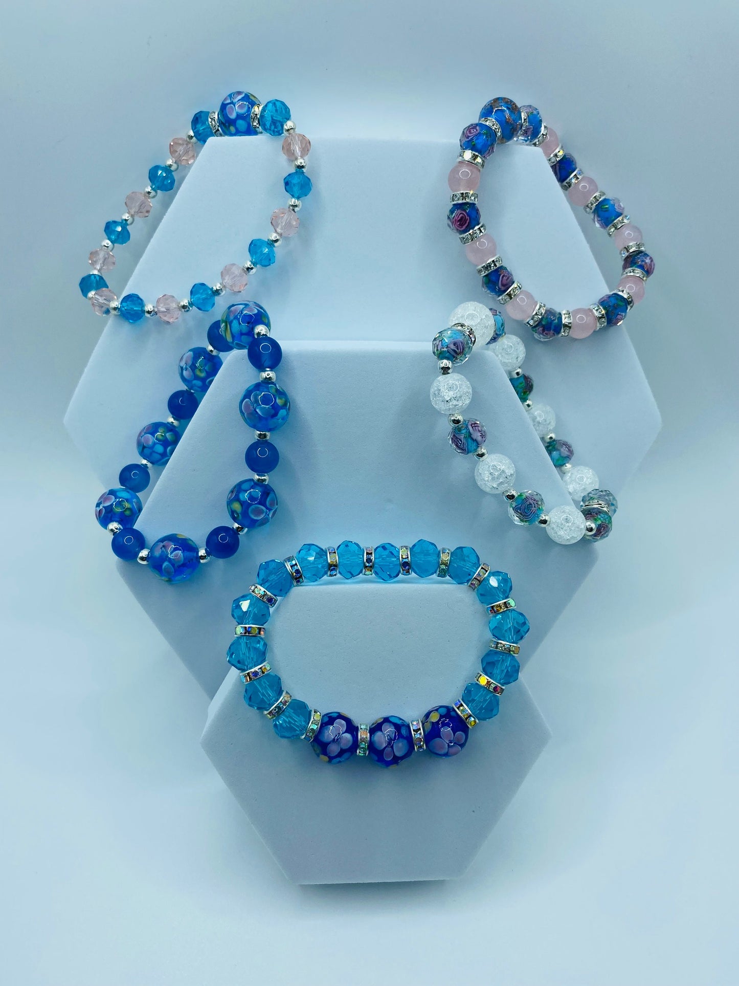 Blue Topaz Crystal Bracelet: Lampwork Floral Glass Beads, Rhinestone Rondelles