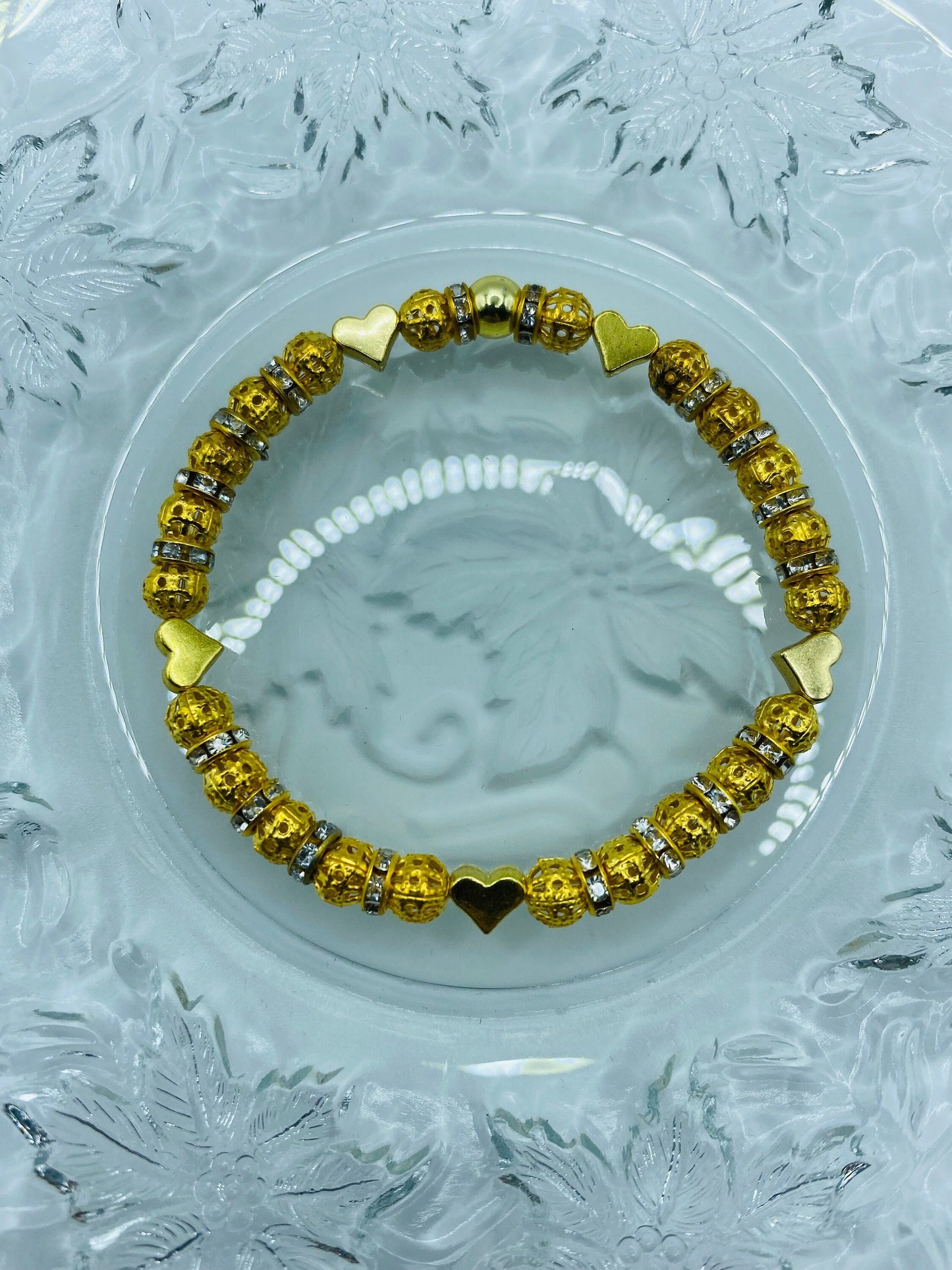 Gold Plated Heart Charm Bracelet: Rhinestone Beaded Jewelry