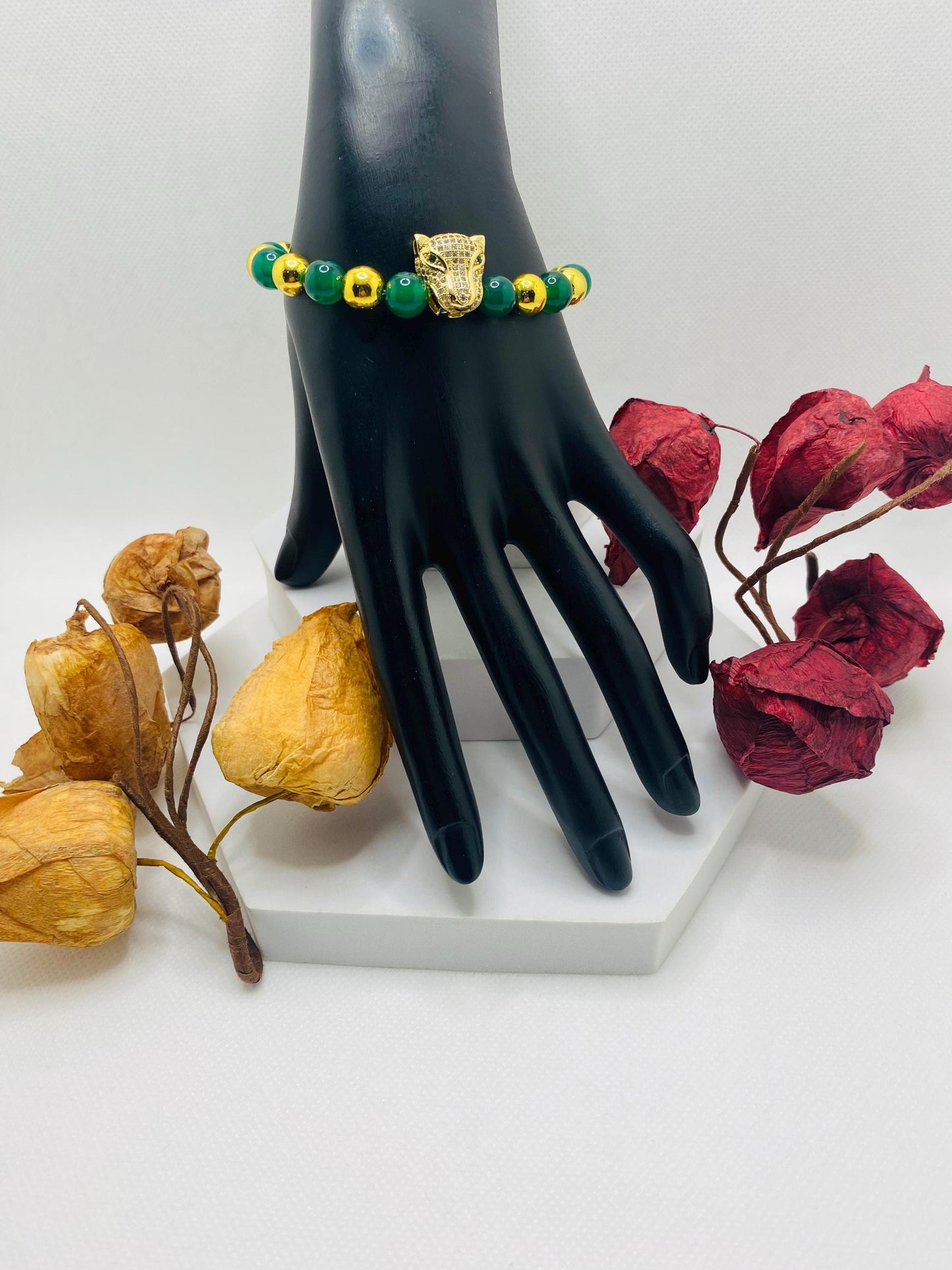 Jade & Hematite Bracelet: Gold CZ Panther Bead, Handmade