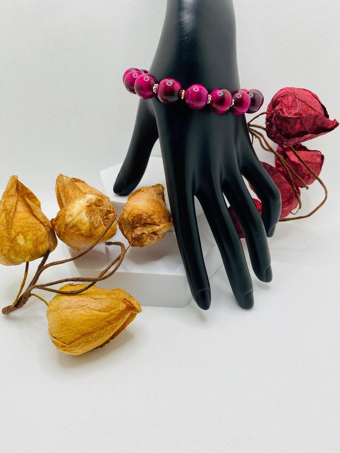 Chunky Rose Red Tigers Eye Bracelet: Handmade Gemstone Jewelry