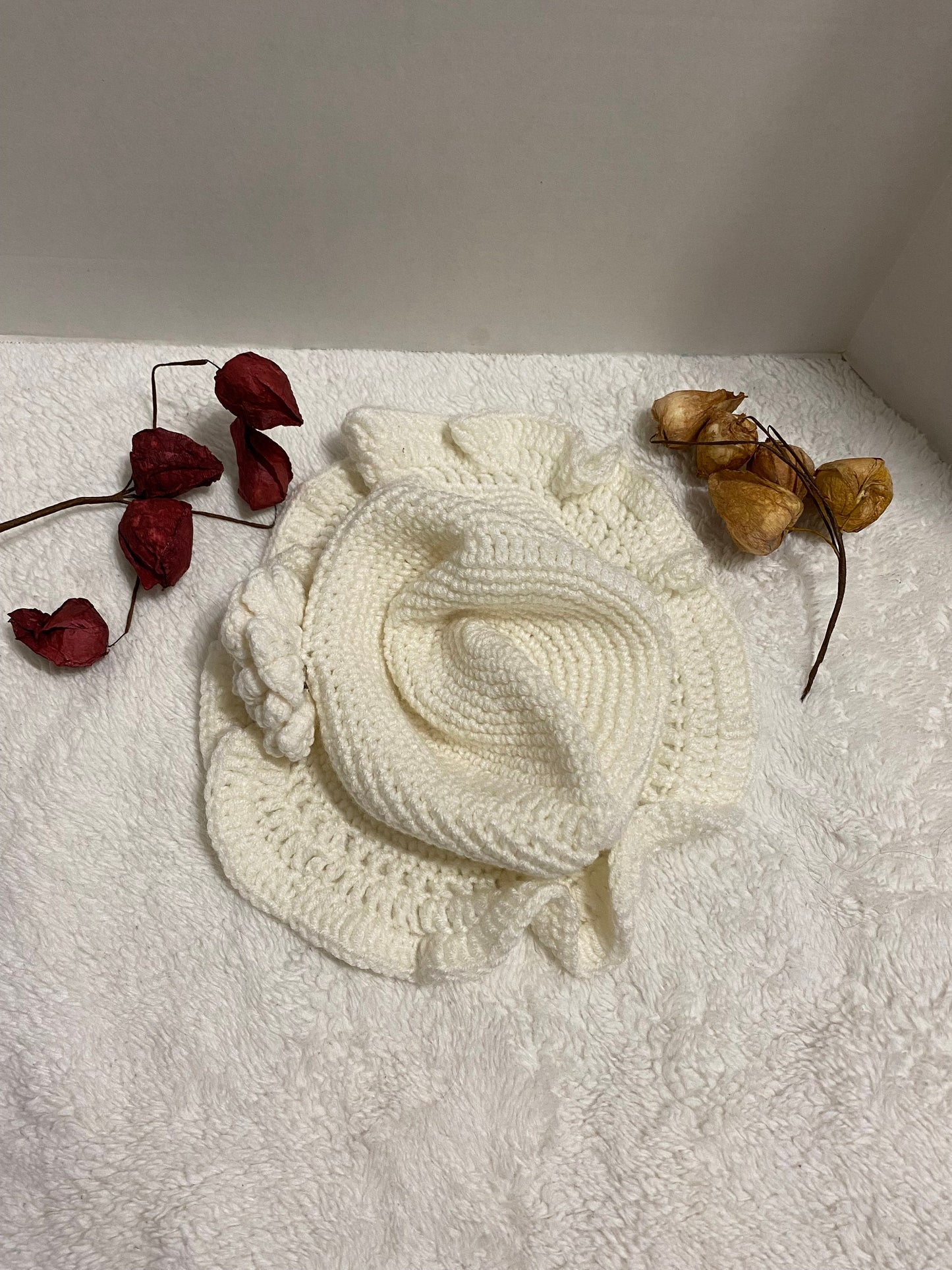 Handmade Crochet Bucket Hat: White Acrylic Flower Hat