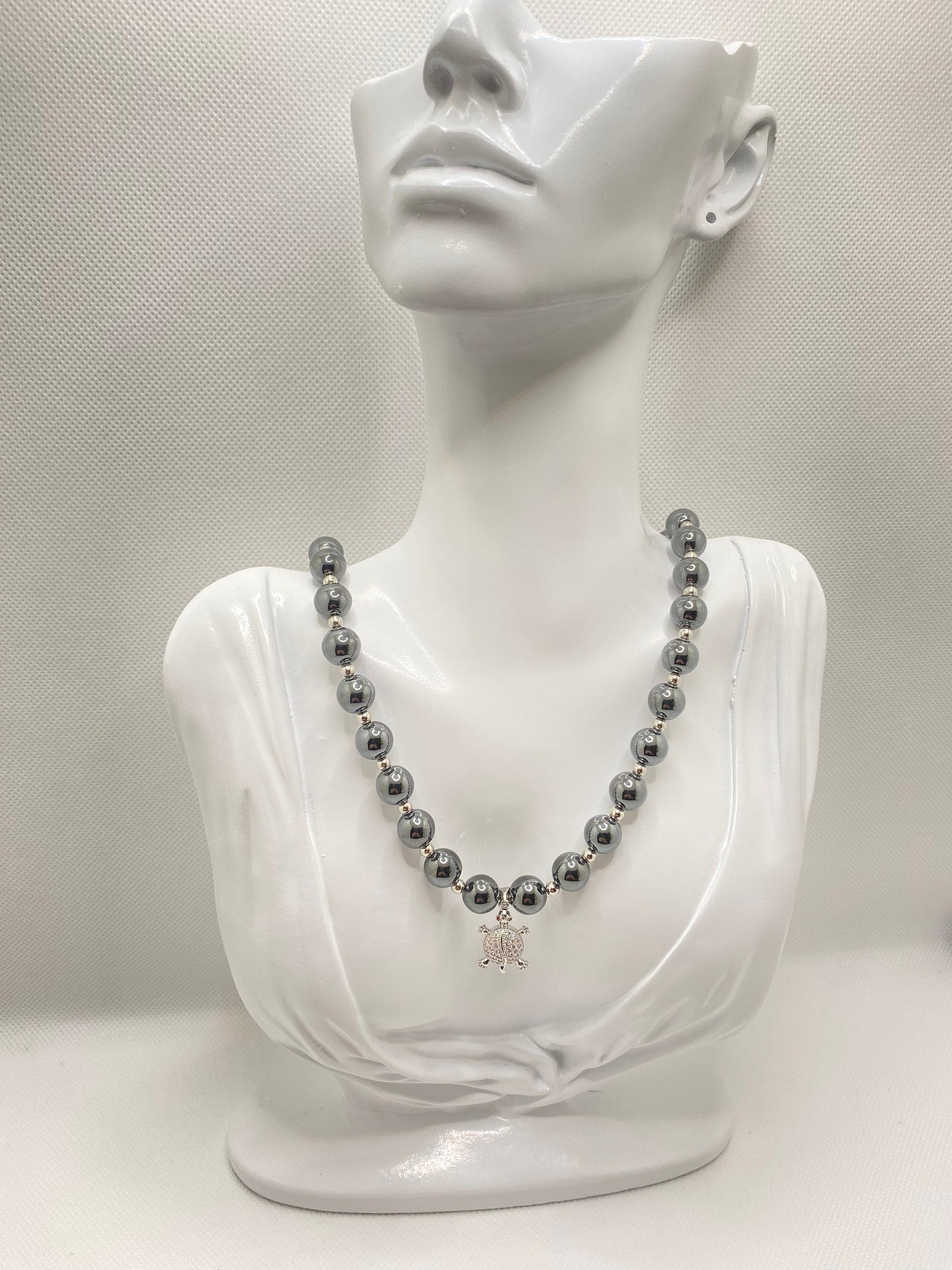 Hematite Gemstone Necklace: Silver Turtle Charm, Handmade Beaded Jewelry