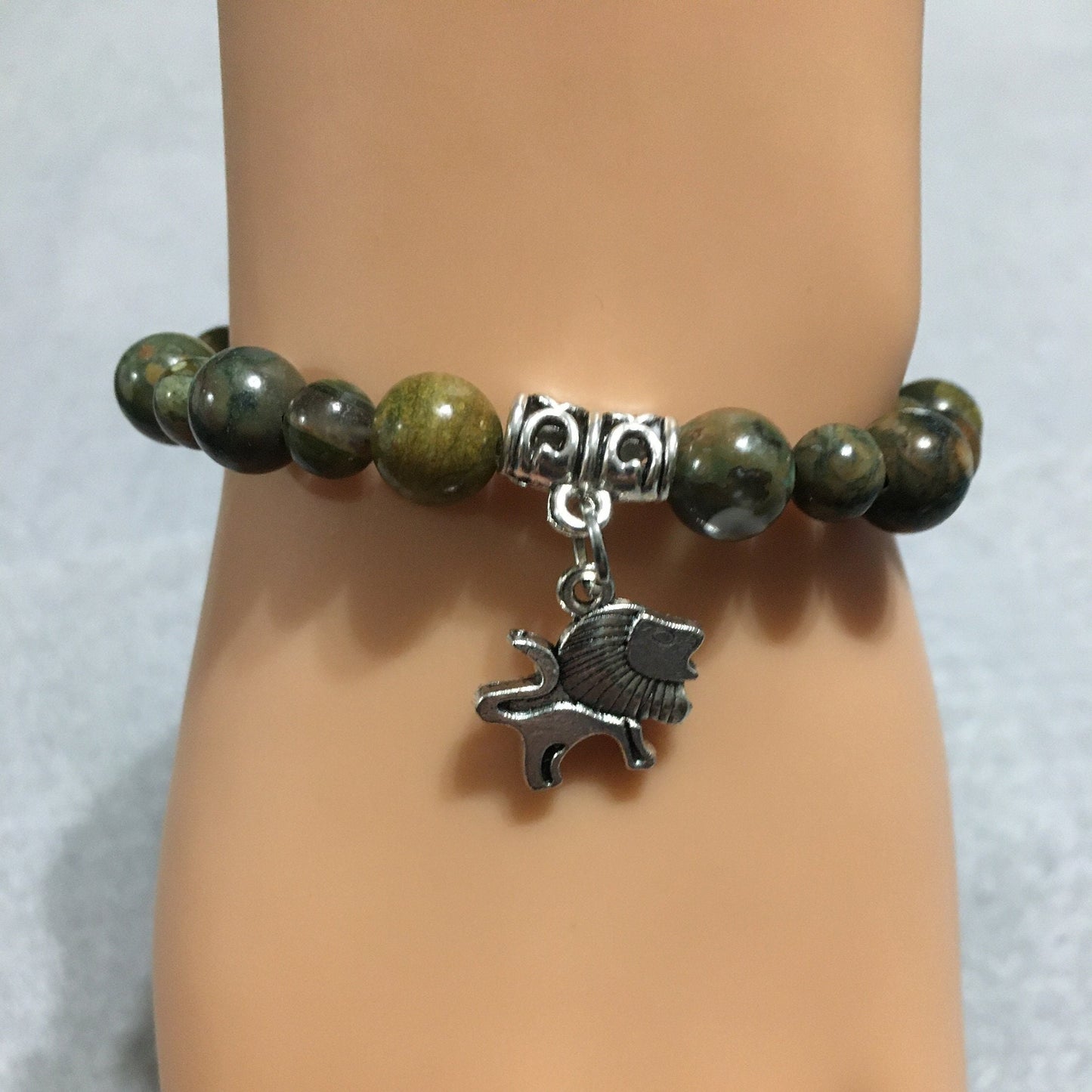 Lion Charm Bracelet: Rhyolite Gemstone Beads, Antique Silver Lion