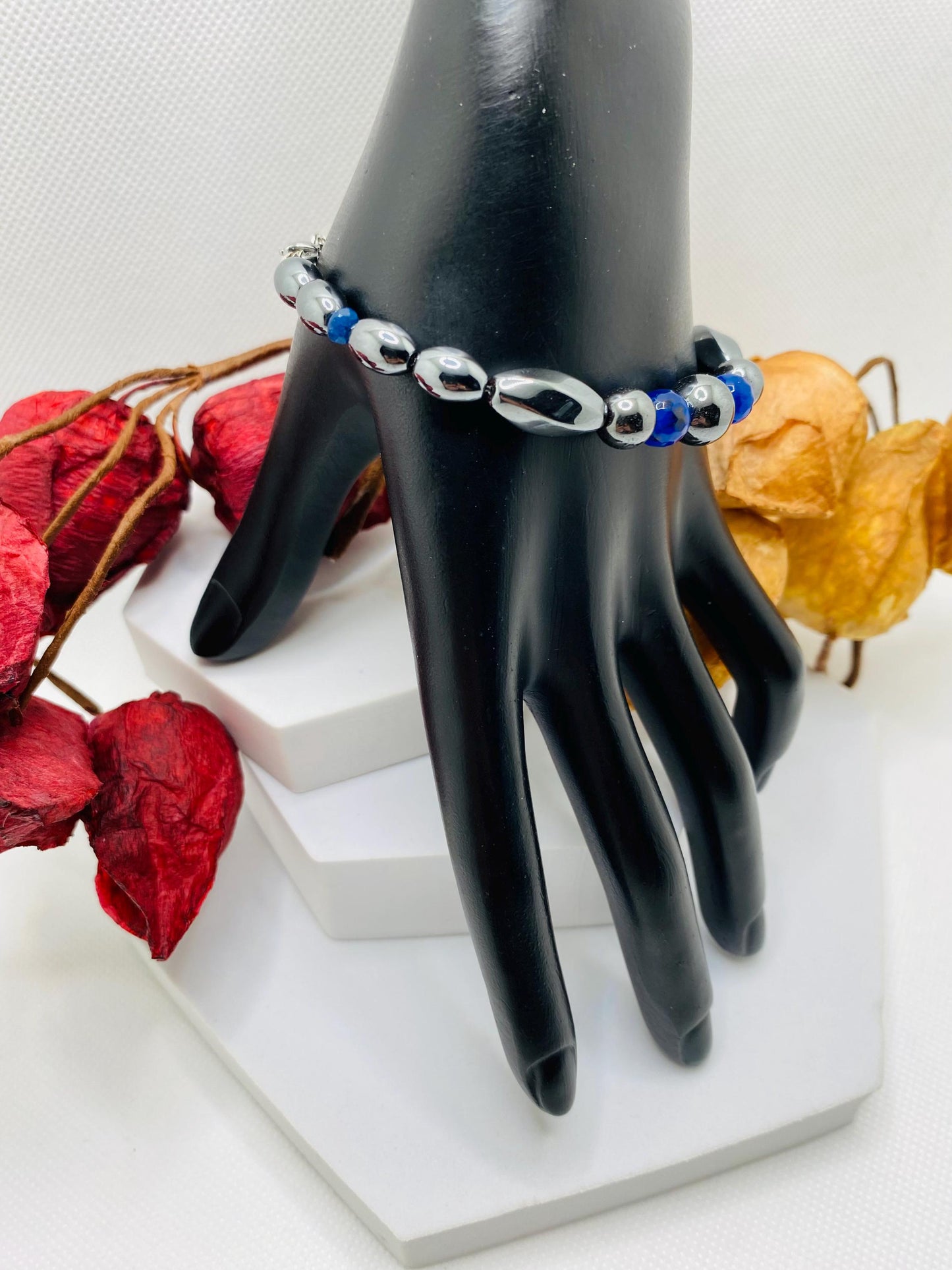 Handmade Jewelry for Men, Womens Jewelry with Hematite and Chalcedony Gemstone Beads, Magnetic Clasp