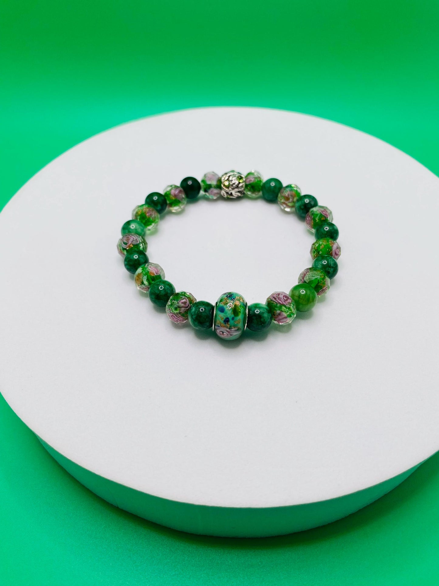 Lampwork Glass & Chalcedony Beaded Bracelet: Handmade Floral Jewelry