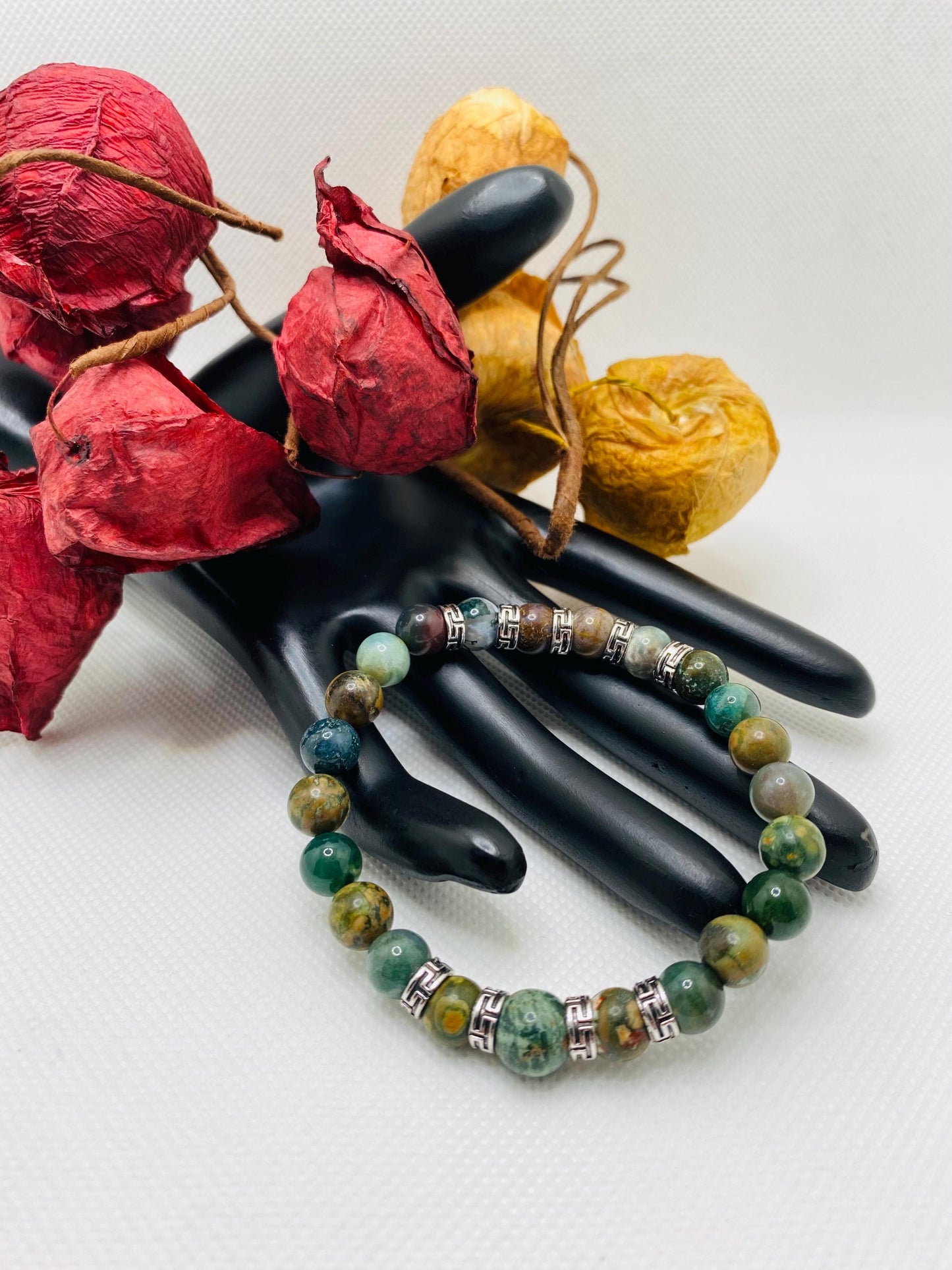 Handmade Indian Moss Agate Bracelet: Tibetan Silver Spacers