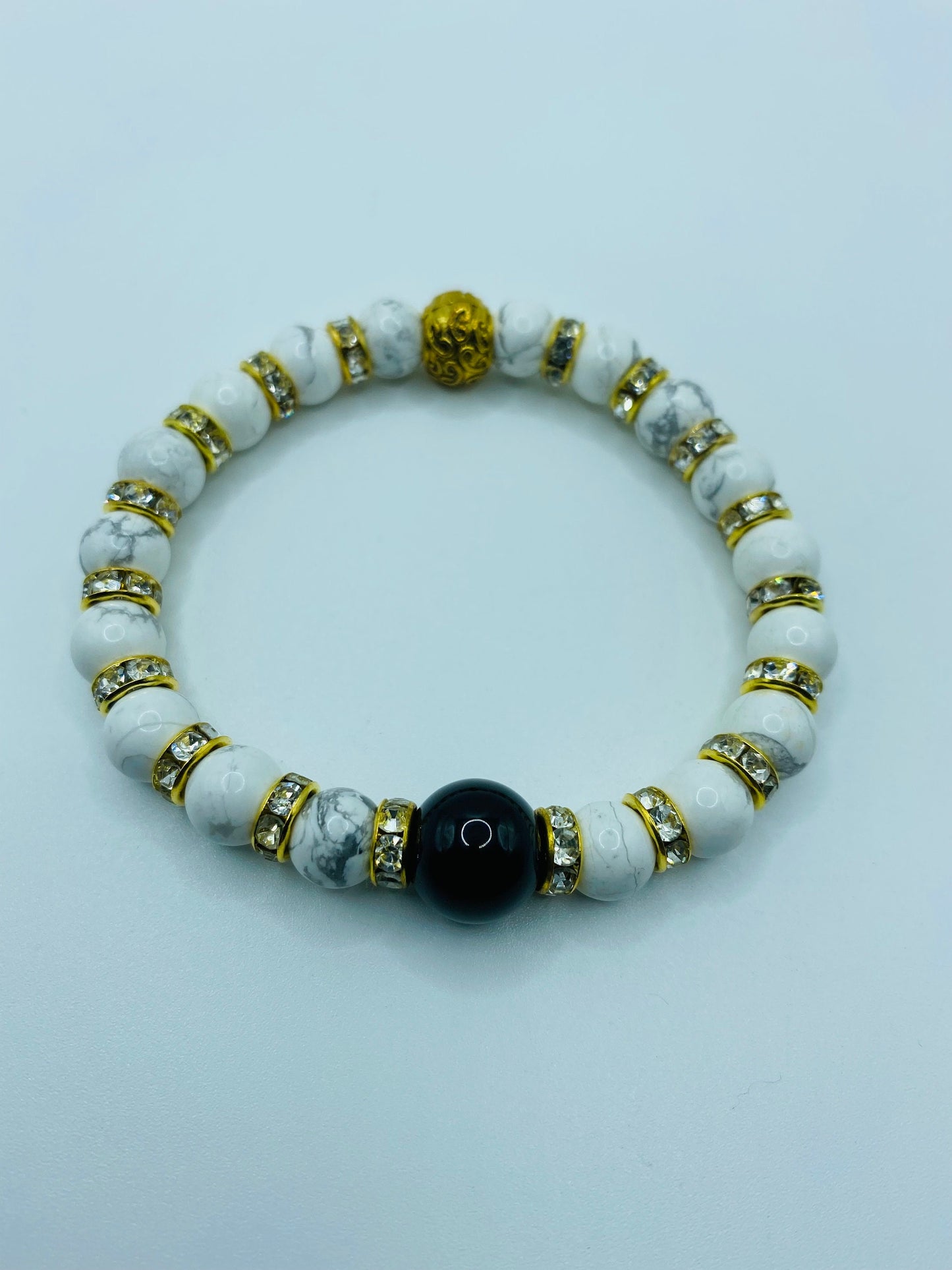 Mens Black Onyx & Howlite Gemstone Bracelet with Rhinestones