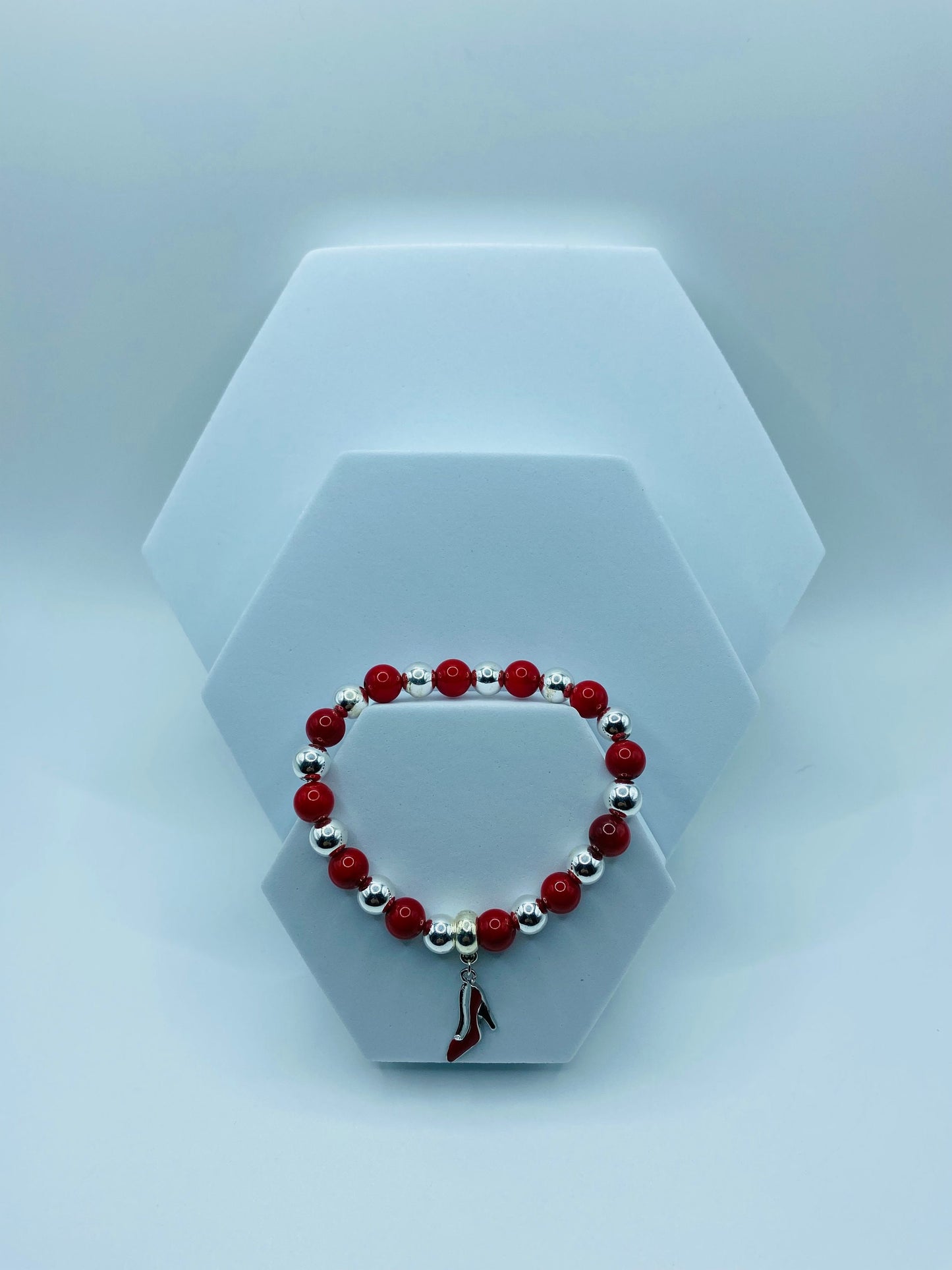 Red Coral Shoe Charm Bracelet: Silver Hematite Gemstone Beads