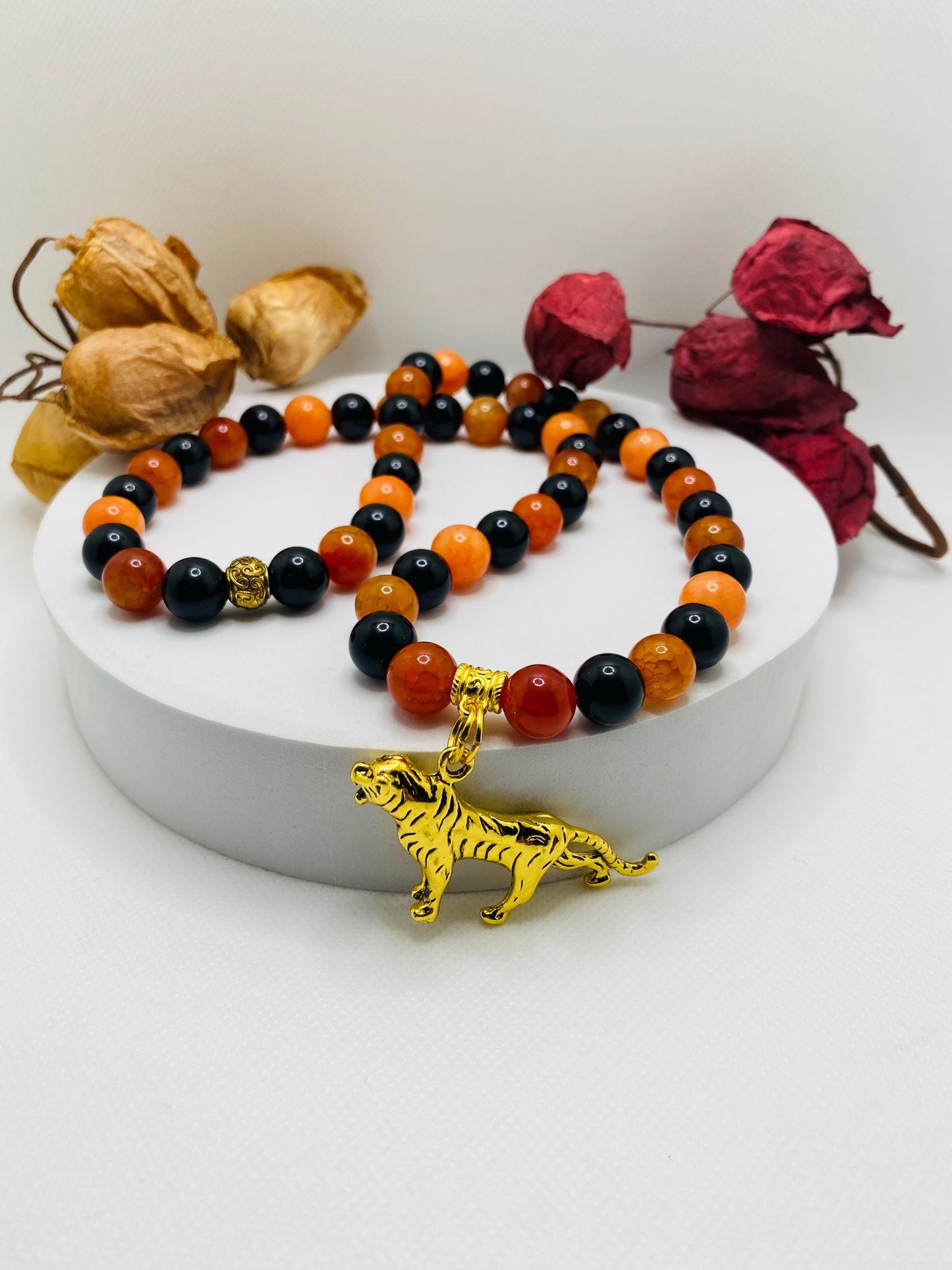 Cincinnati Bengals Charm Necklace for Men, Mens Necklace with Gemstone Beads, Tiger Pendant