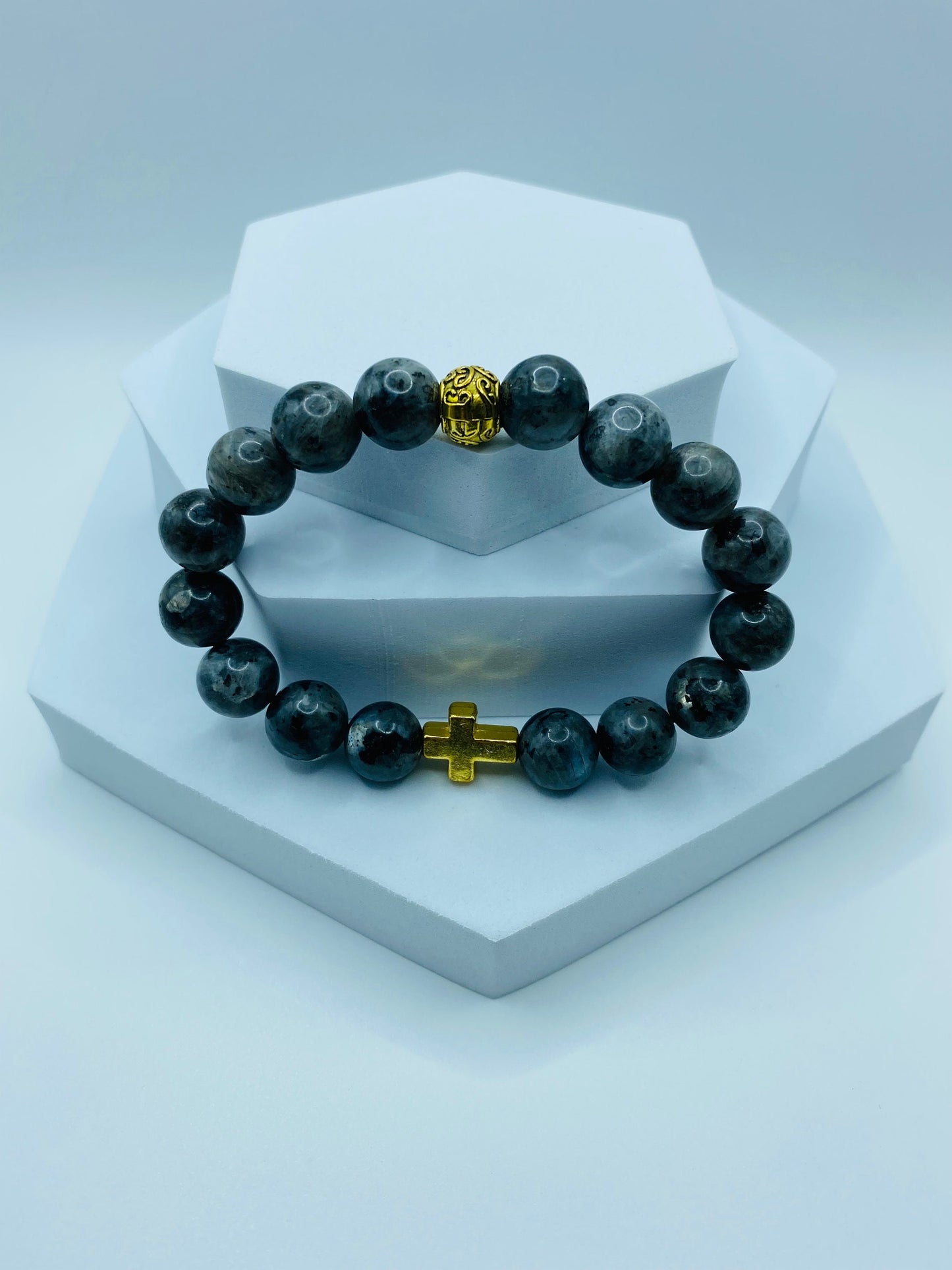 Labradorite Bracelet with Gold Cross Charm: Religious Jewelry Gift